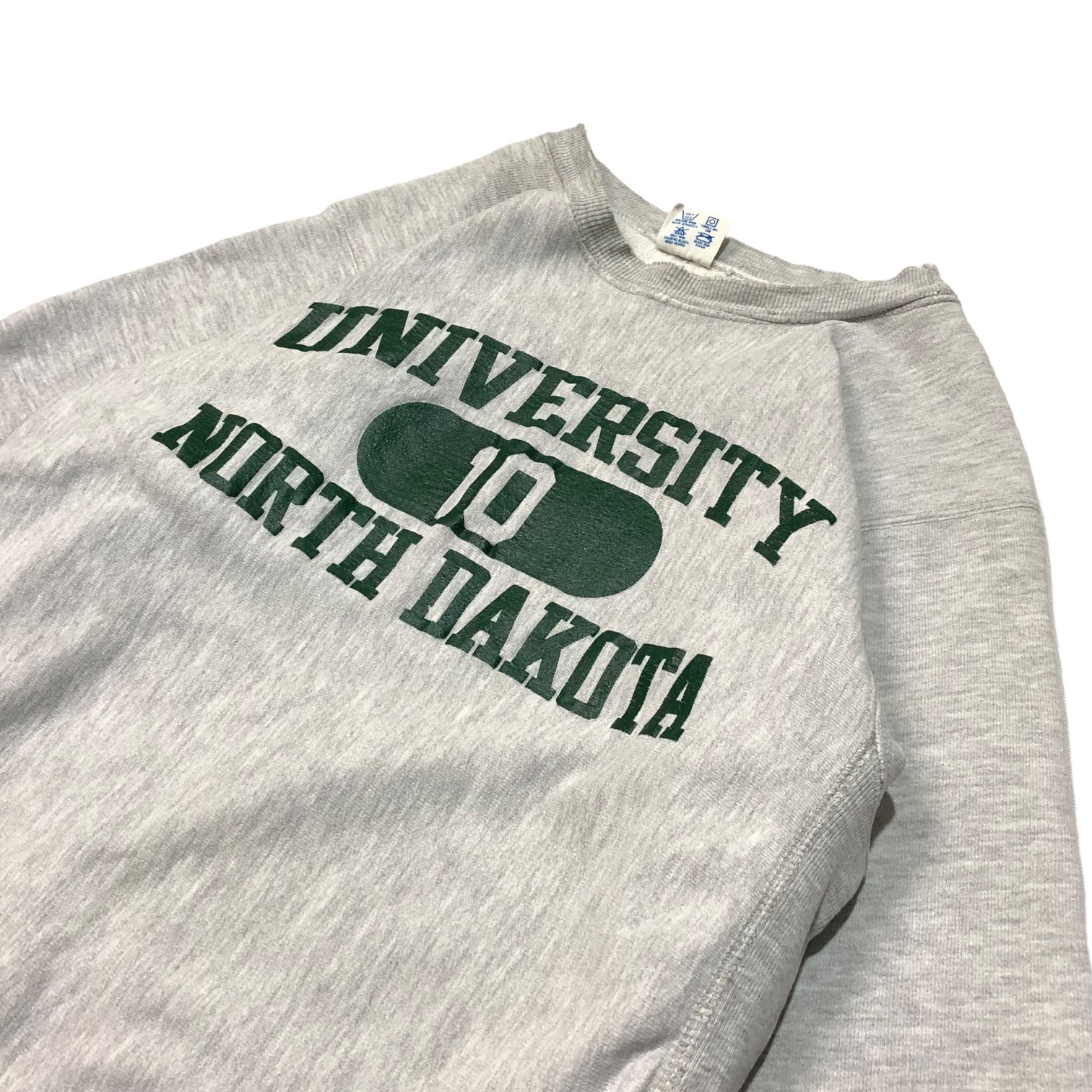 Champion(チャンピオン) 80's "UNIVERSITY NORTH DAKOTA" reverse weave リバースウィーブ スウェット カレッジ 3段 プリント M ライトグレー×グリーン 80年代 トリコタグ USA製