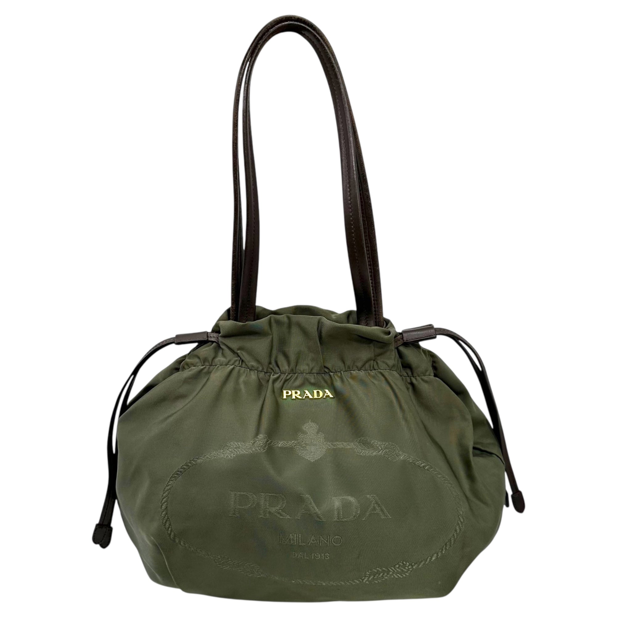 PRADA(プラダ) Logo Nylon Drawstring Tote Bag ロゴ ナイロン 巾着 トート バッグ BR4366 オリーブ×ブラウン ハンド 肩掛け ワンショルダー