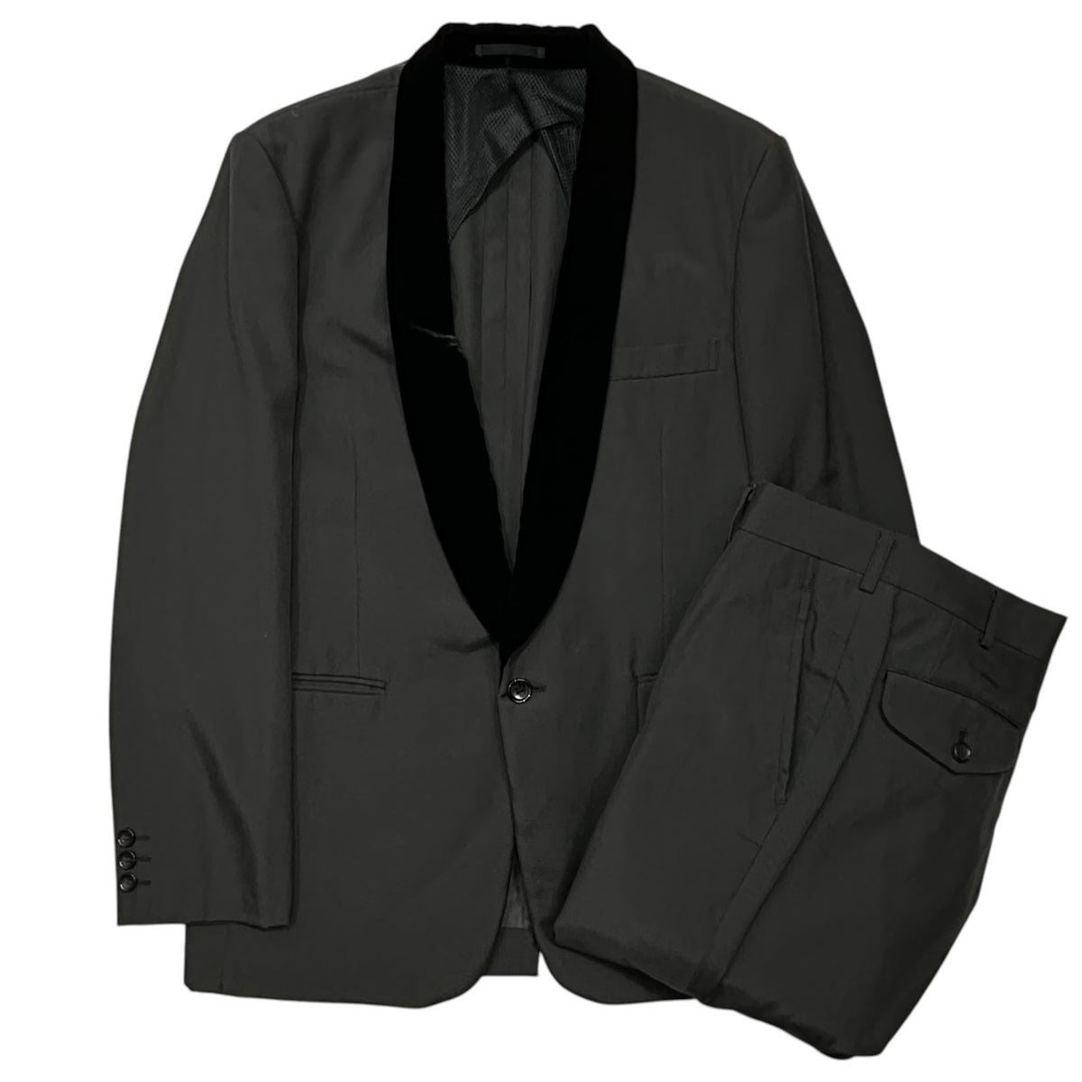 COMME des GARCONS HOMME PLUS(コムデギャルソンオムプリュス) 2005AW Mesh-Lined Striped Panel Velvet-Trimmed Tuxedo Jacket Pants Set 裏地メッシュ ストライプ切替 ベロアテープ タキシード ジャケット パンツ セットアップ スーツ JKT:PP-J060 BOTTOMS:PP-P046 M ブラック AD2005 裏返し着用可能 スポーツテーラリング期
