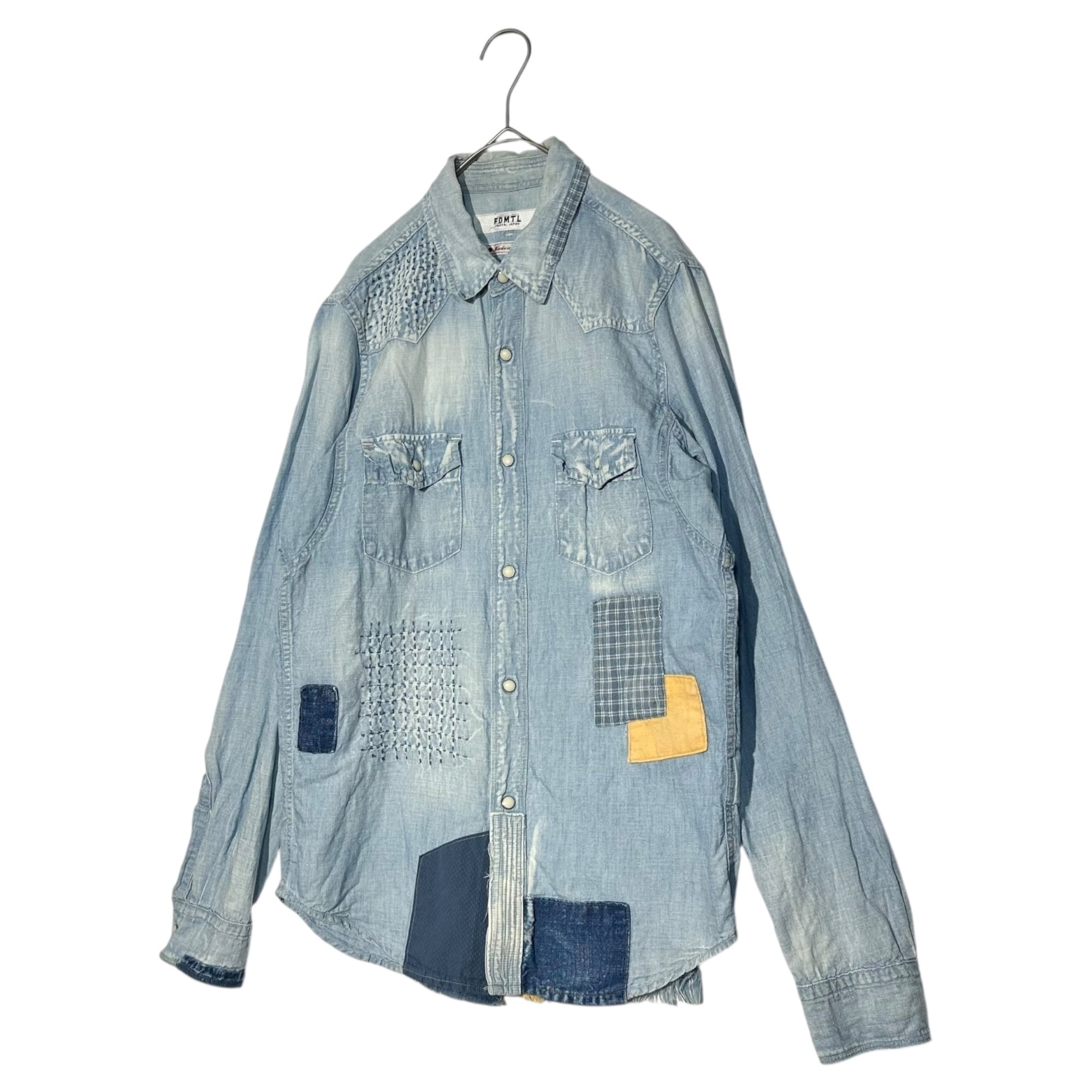 FDMTL(ファンダメンタル) Sashiko Patchwork L/S Western Denim Shirt 刺し子 パッチワーク 長袖 ウエスタン デニム シャツ S ライトインディゴ 日本製