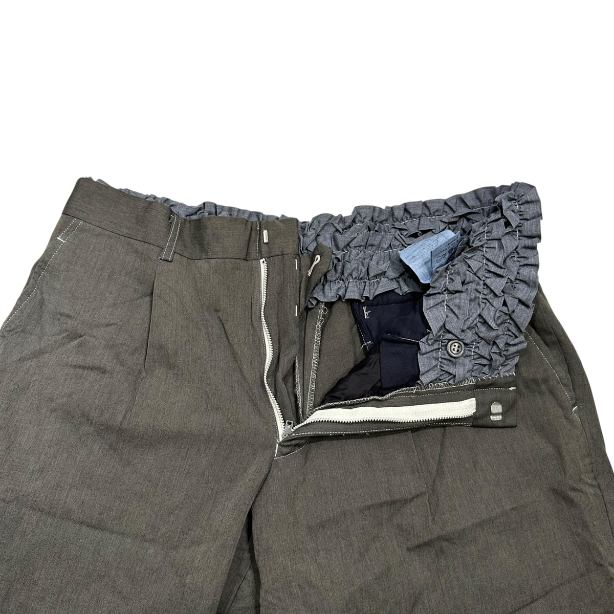 COMME des GARCONS HOMME PLUS(コムデギャルソンオムプリュス) 1999SS Garment-Dyed Back-Ruffle Slacks 製品 染め 裏 フリル スラックス PP-10025L L グレー×ネイビー AD1998 90s アーカイブ フリル期 シークレットトレジャー