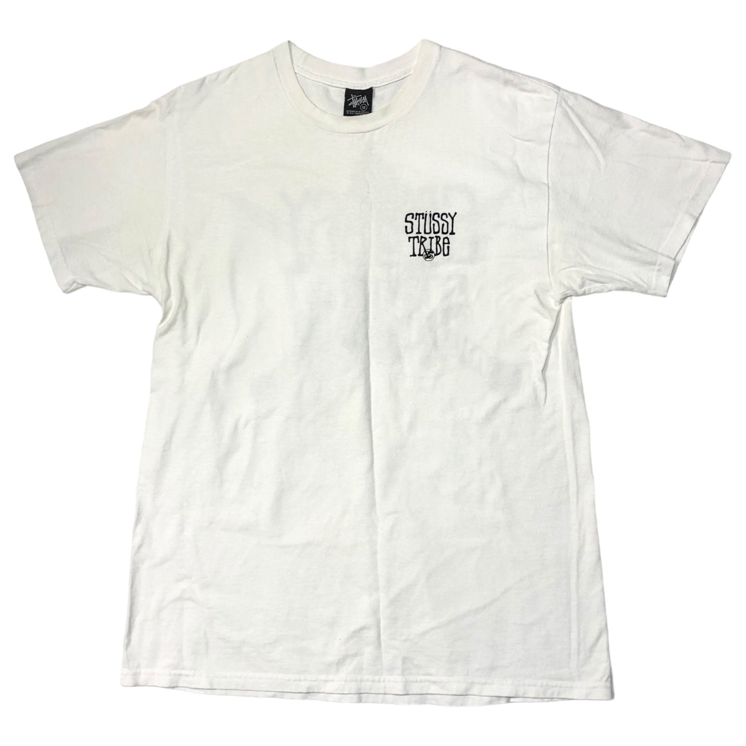 STUSSY(ステューシー) 00's VINTAGE flocky print TRIBE Tシャツ M ホワイト バックプリント クローバー×ソード OLD STUSSY
