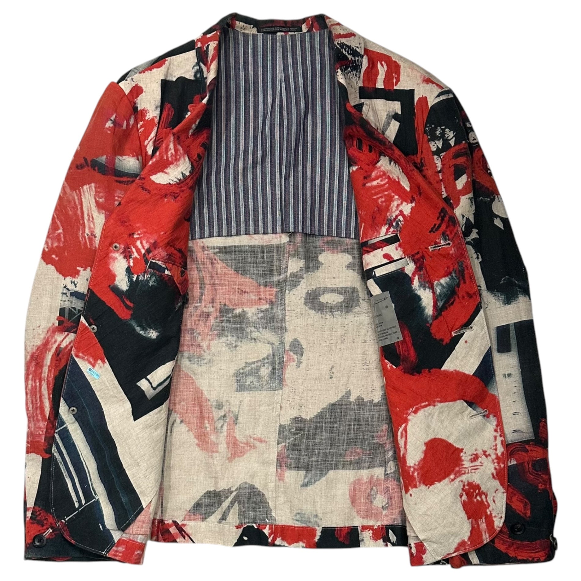 YOHJI YAMAMOTO POUR HOMME(ヨウジヤマモトプールオム) 2018SS Collage Print 3B Linen Jacket コラージュ プリント 3ボタン リネン ジャケット HW-J50-321 2(M程度) レッド×ネイビー×ベージュ 2018春夏コレクション LOOK21