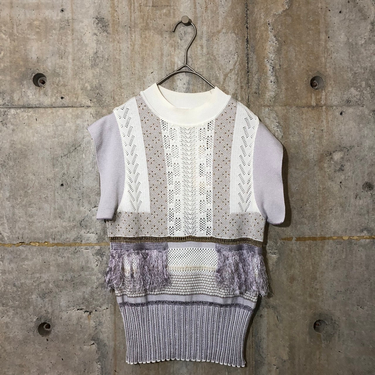 mame kurogouchi(マメクロゴウチ) 19SS SASH JAQUARD SLEEVELESS KNIT/フリンジノースリーブニット MM19SS-KN024 2(Mサイズ程度) パープル