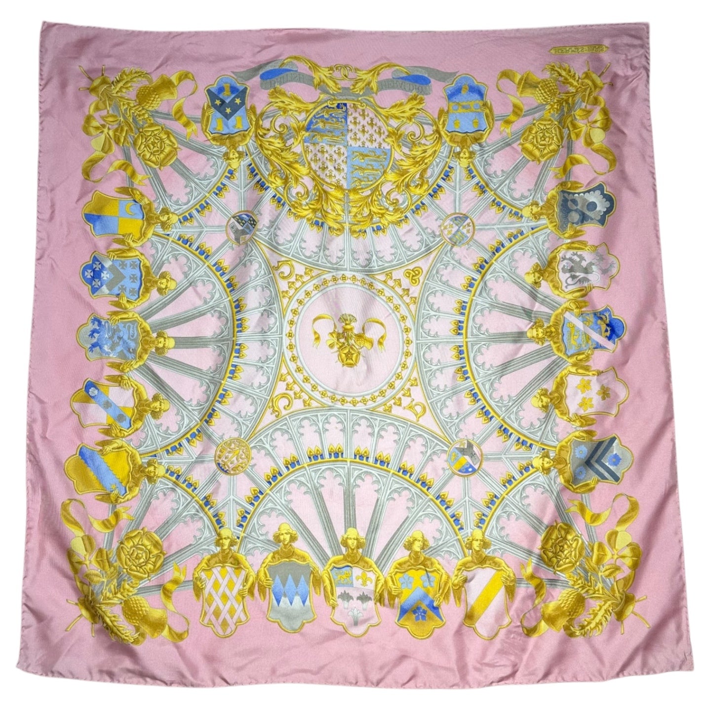 HERMES(エルメス) Carres 90 ”PAR MEFSIRE ANTOINE DE PLVVINEL” カレ 90 ピンク シルク スカーフ BRITISH HERALDRY