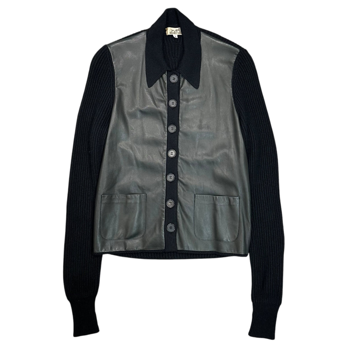 HERMES(エルメス) 1990's Leather-Accent Cashmere and Silk Knit Shirt レザー切替 カシミア シルク ニット シャツ S ブラック カシミア67% 90s アーカイブ 襟付き カーディガン