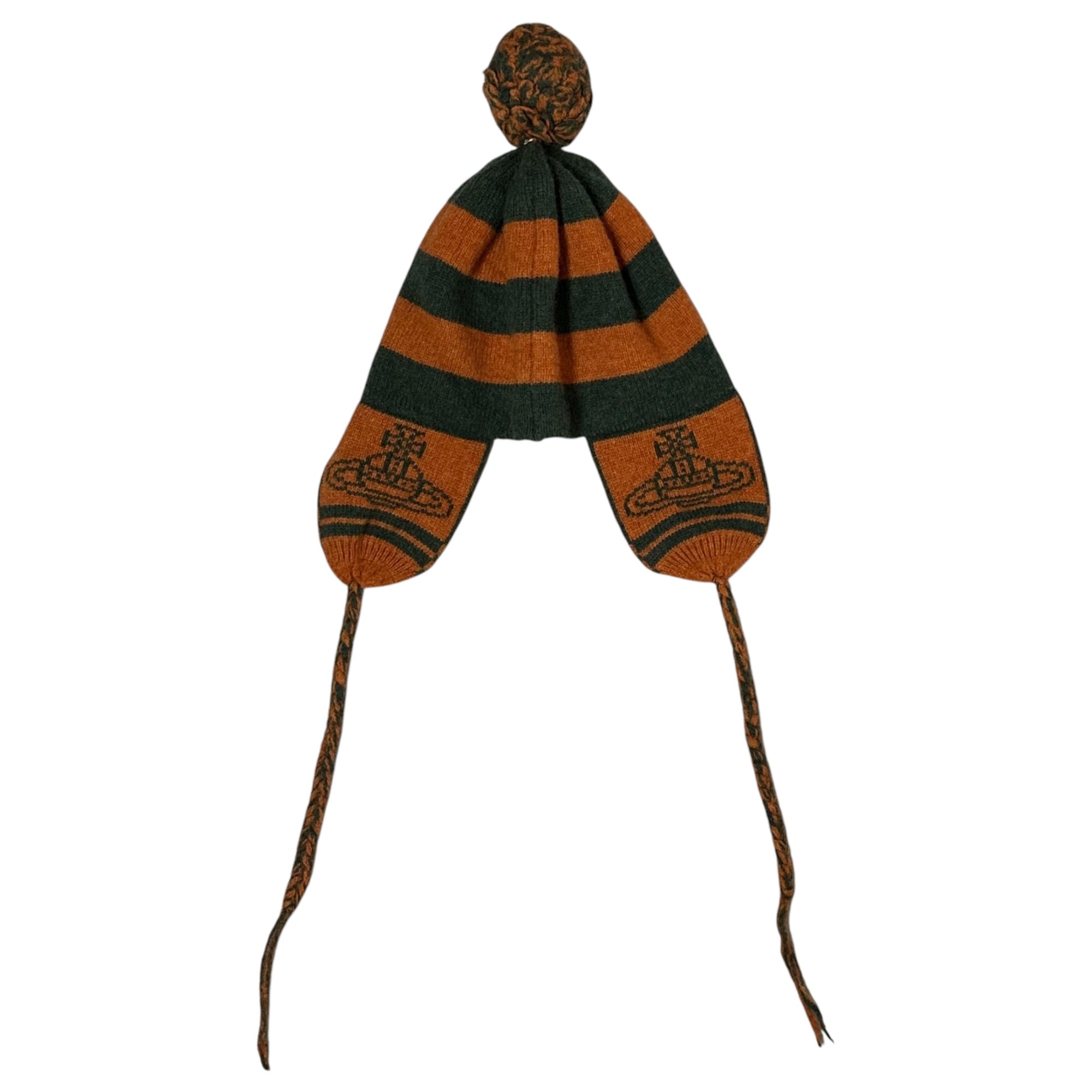 Vivienne Westwood(ヴィヴィアンウエストウッド) knit hat with ear flaps 耳当て付き ニット帽 ニットキャップ ボーダー オレンジ×グリーン 稀少カラー ムーンバットタグ付
