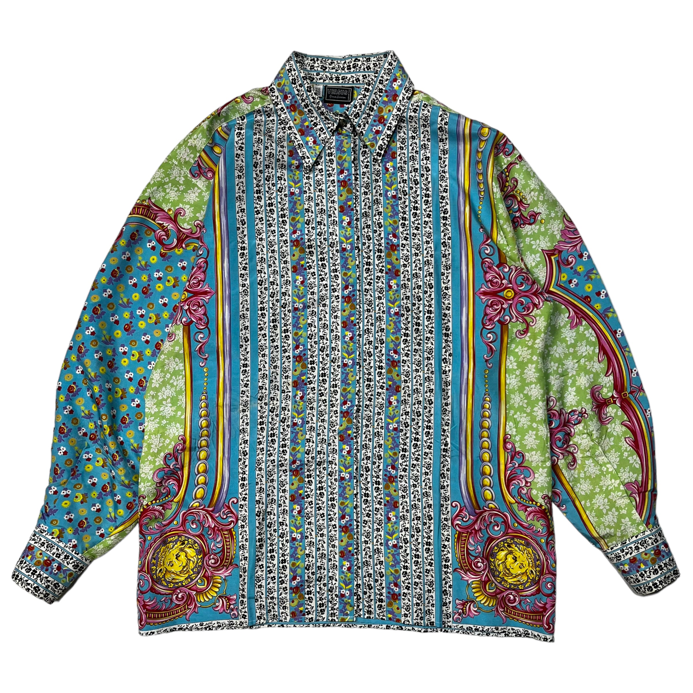 VERSUS VERSACE(ヴェルサスヴェルサーチ) 90~00's allover scarf shirt/総柄スカーフシャツ/デザインボタン/ヴィンテージ SIZE 40/26(Lサイズ程度) ブルー×ピンク シルク100%/フラワーストライプ