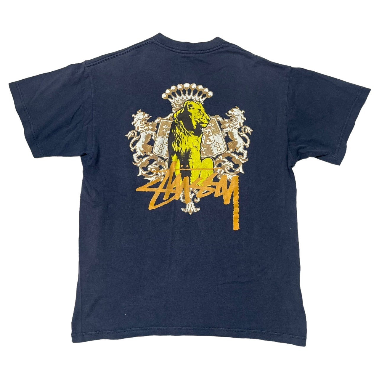 STUSSY(ステューシー) 90's~00's crown and lion 王冠 ライオン Tシャツ 紺タグ SIZE M ネイビー×イエロー 90~00年代 OLD STUSSY