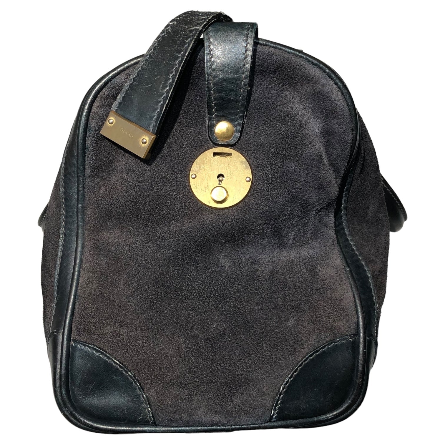 GUCCI(グッチ) 80's vintage suede boston bag ヴィンテージ スウェード ボストン バッグ シェリーライン ブラック×レッド×ネイビー OLD ハンド