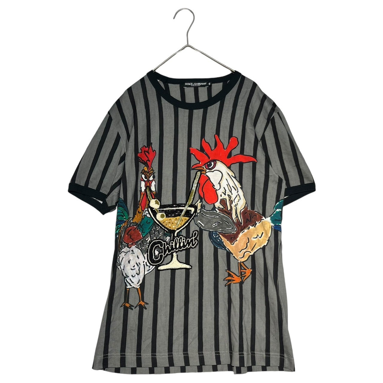 DOLCE&GABBANA(ドルチェ&ガッバーナドルガバ) 17 YEAR OF THE ROOSTER T-shirt ニワトリ プリント Tシャツ 鶏 G8GX8Z/G7JYA 46 グレー×ブラック