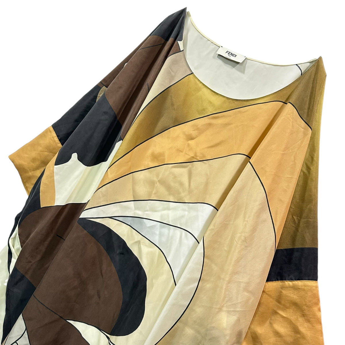 FENDI(フェンディ) Geometric-print all-silk dolman sleeve dress 幾何学模様 オールシルク ドルマン スリーブ ワンピース FXD568 AK77 L ベージュ×ブラウン