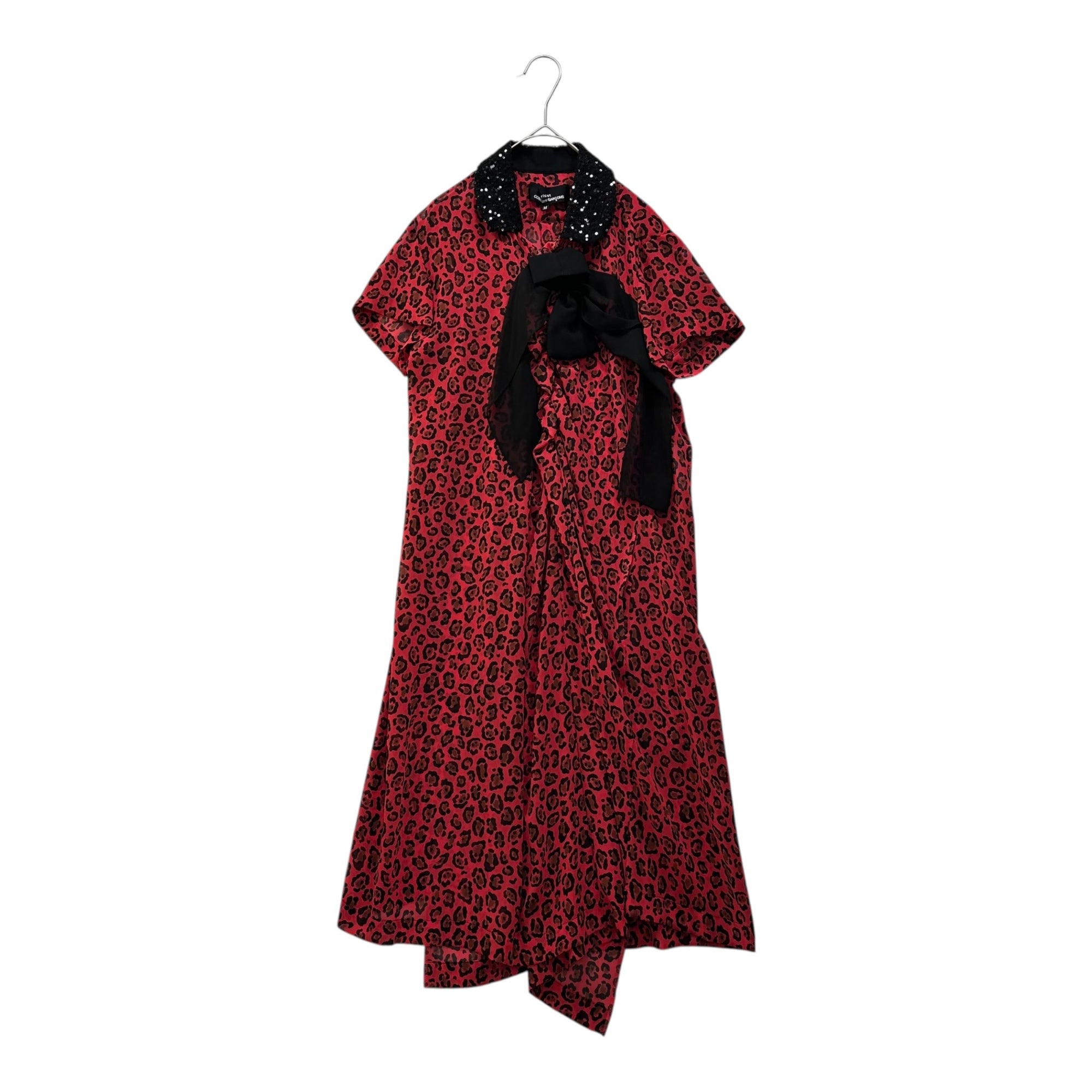 tricot COMME des GARCONS(トリココムデギャルソン) 12SS Sequin Collar Leopard Print Ribbon Blouse スパンコールカラー レオパード リボン ブラウス TI-O014 M レッド×ブラック AD2011