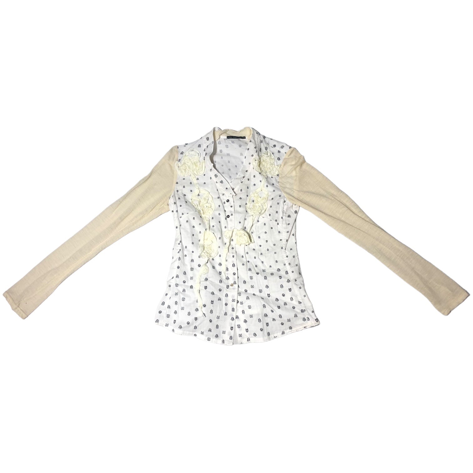 MARITHE FRANCOIS GIRBAUD(マリテフランソワジルボー) 00's lower knit switching shirt フラワー ニット 切替 シャツ F7-5209 M ホワイト×アイボリー Y2K ドクロ柄 ブラウス