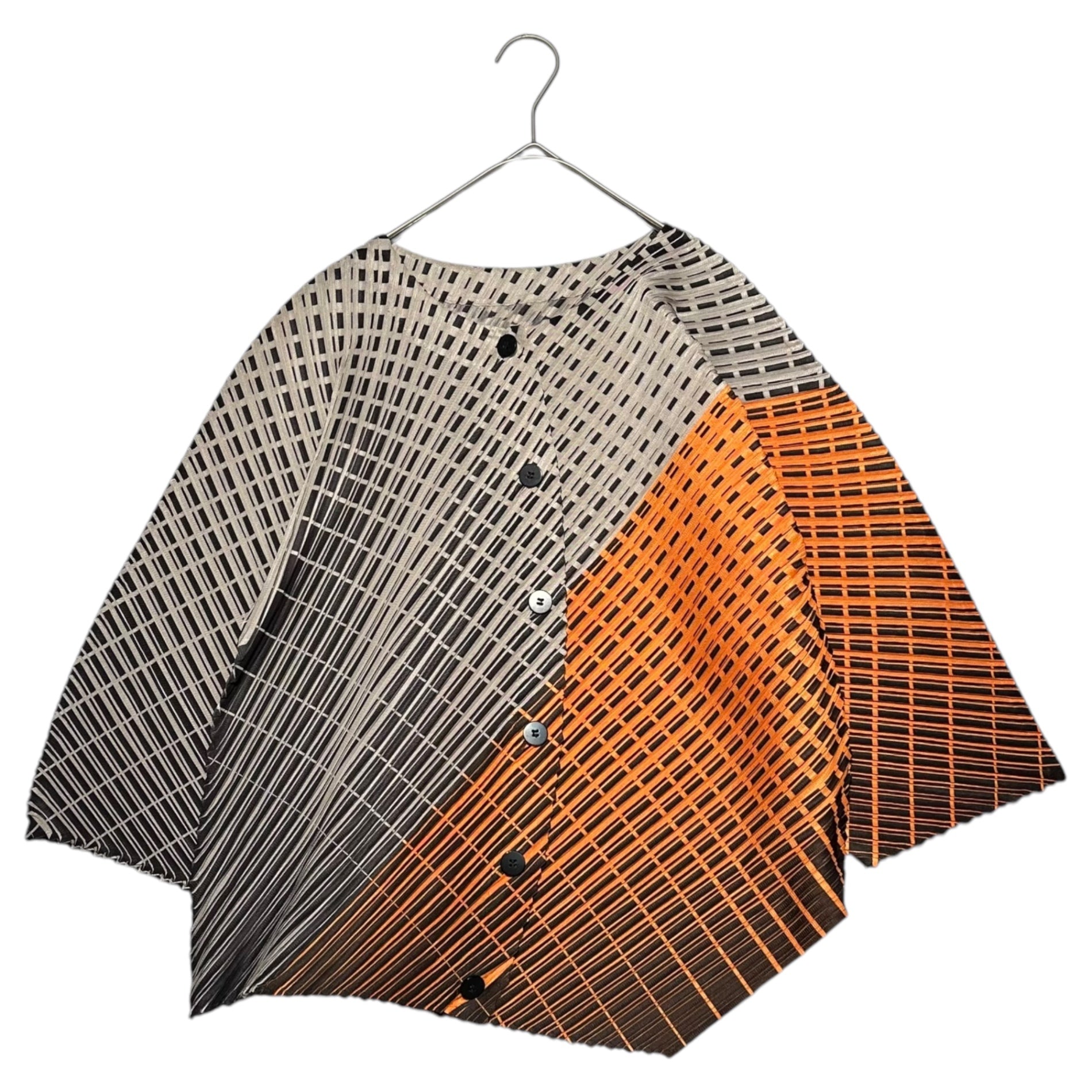 PLEATS PLEASE(プリーツプリーズ) Line print pleats collarless blouse ラインプリント プリーツ ノーカラー ブラウス PP71-J0553 3(L程度) ベージュ×オレンジ×ブラック