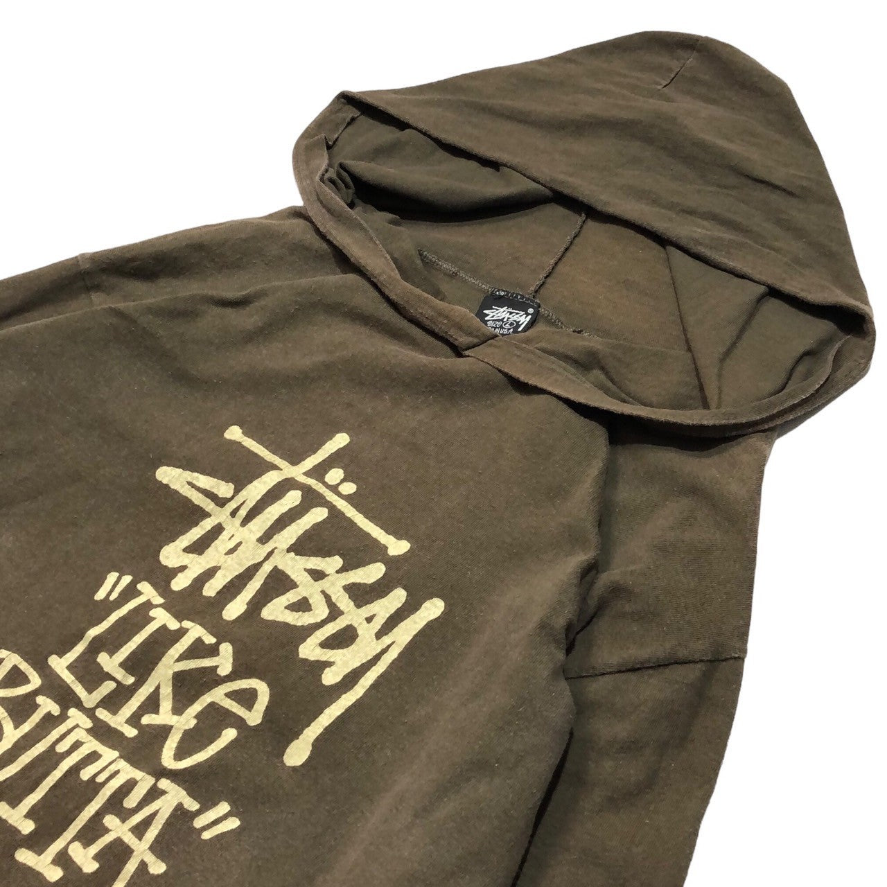 STUSSY(ステューシー) 80's VINTAGE LIKE BUTTA プリント フーデッド Tシャツ 黒タグ SIZE L ブラウン 80年代 黒タグ OLD STUSSY