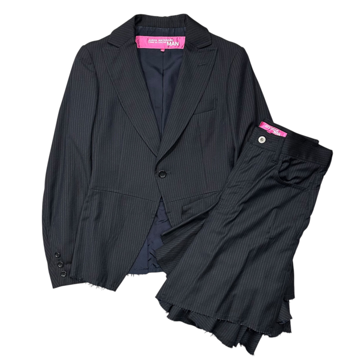 COMME des GARCONS JUNYA WATANABE MAN PINK(コムデギャルソンジュンヤワタナベマンピンク) 2005AW Ragged-Edge Stripe Skirt Set カットオフ加工 ストライプ スカート セットアップ JKT:UP-J001 BOTTOMS:UP-S006 JKT:S BOTTOMS:M ネイビー AD2005