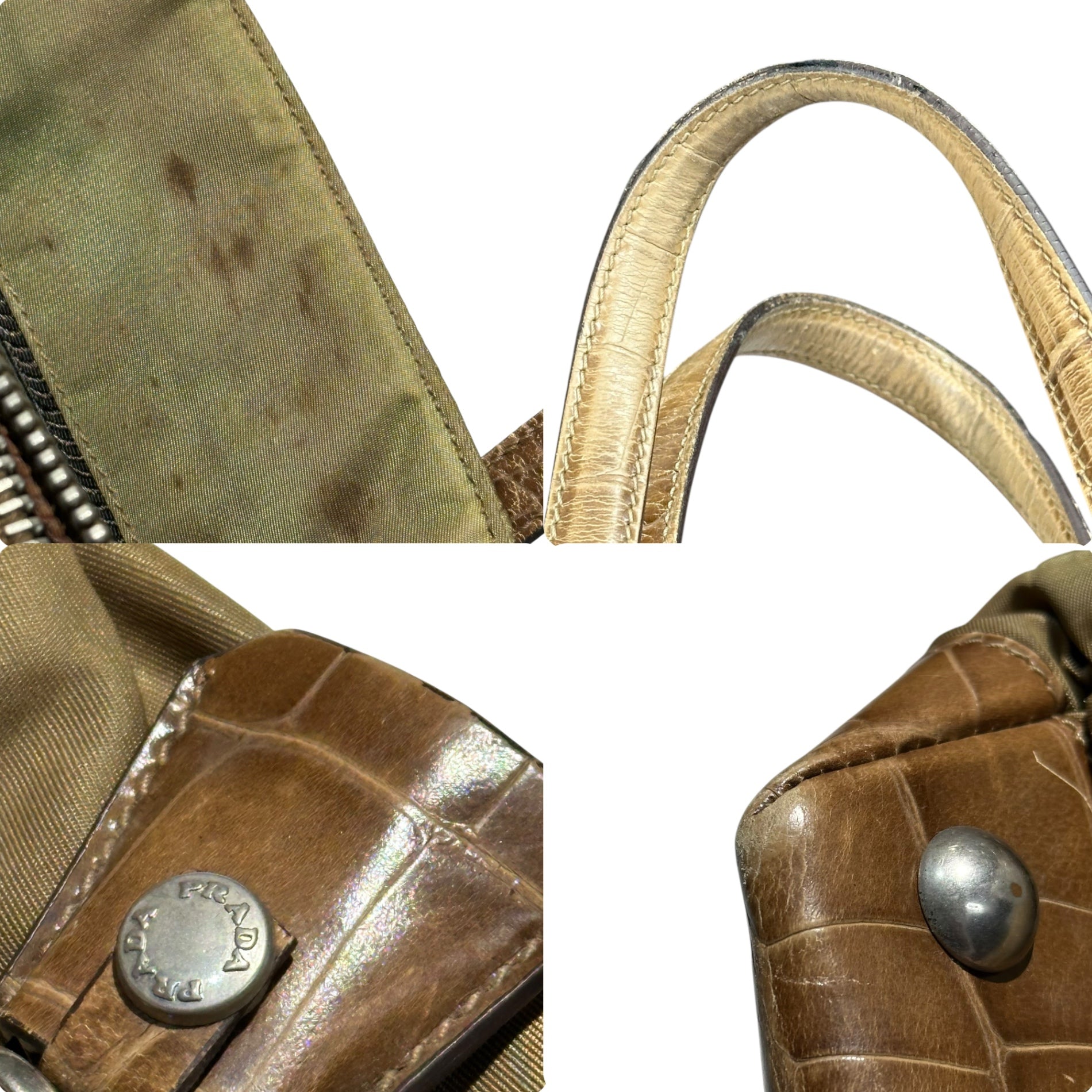 PRADA(プラダ) Crocodile Embossed Leather Nylon Tote Bag クロコ 型押し レザー ナイロン トート バッグ ベージュ 肩掛け 三角プレート