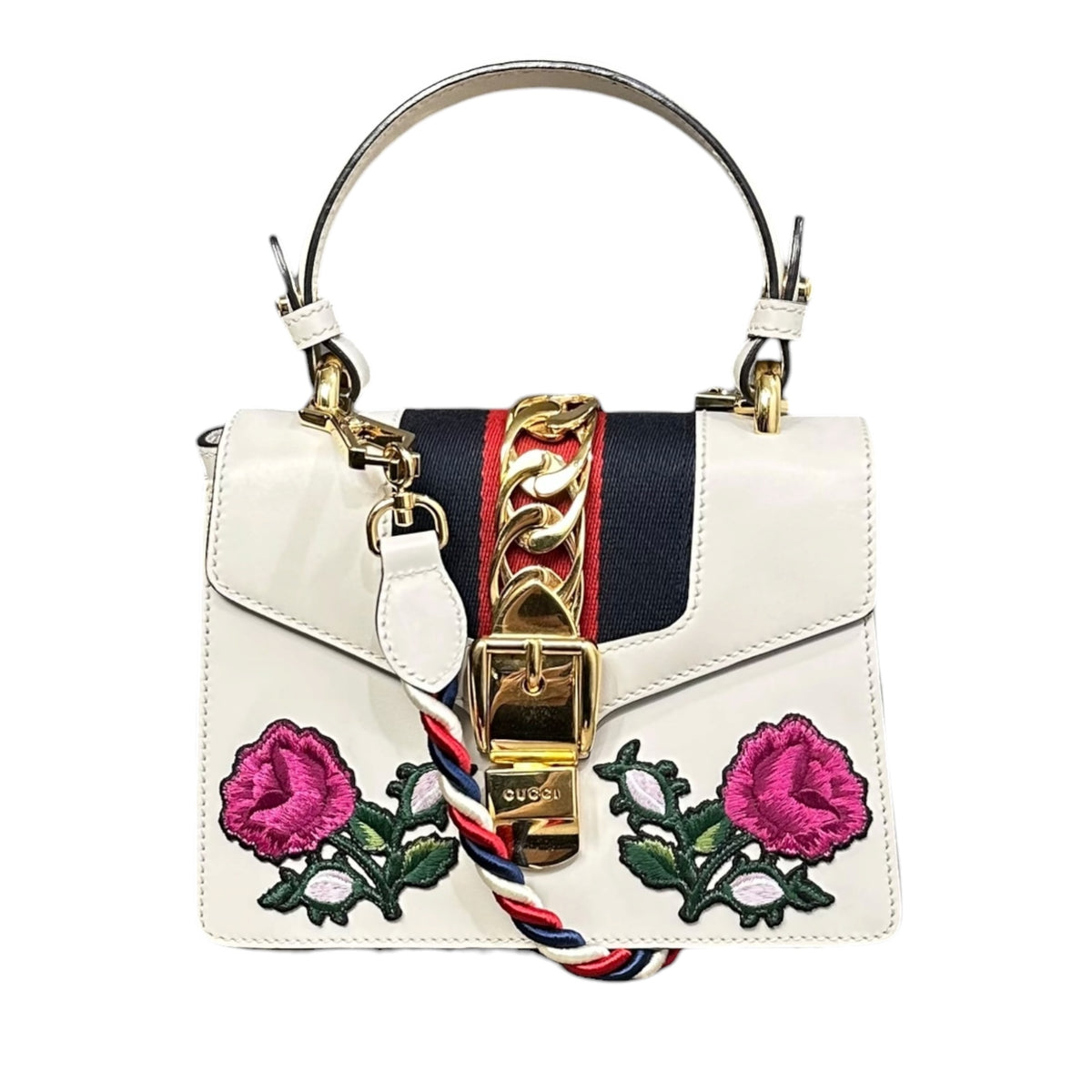GUCCI(グッチ) Sylvie-Web Rose-Embroidered Shoulder Bag シルヴィ ウェブ 薔薇 刺繍 ショルダー バッグ 470270 525040 オフホワイト×ピンク