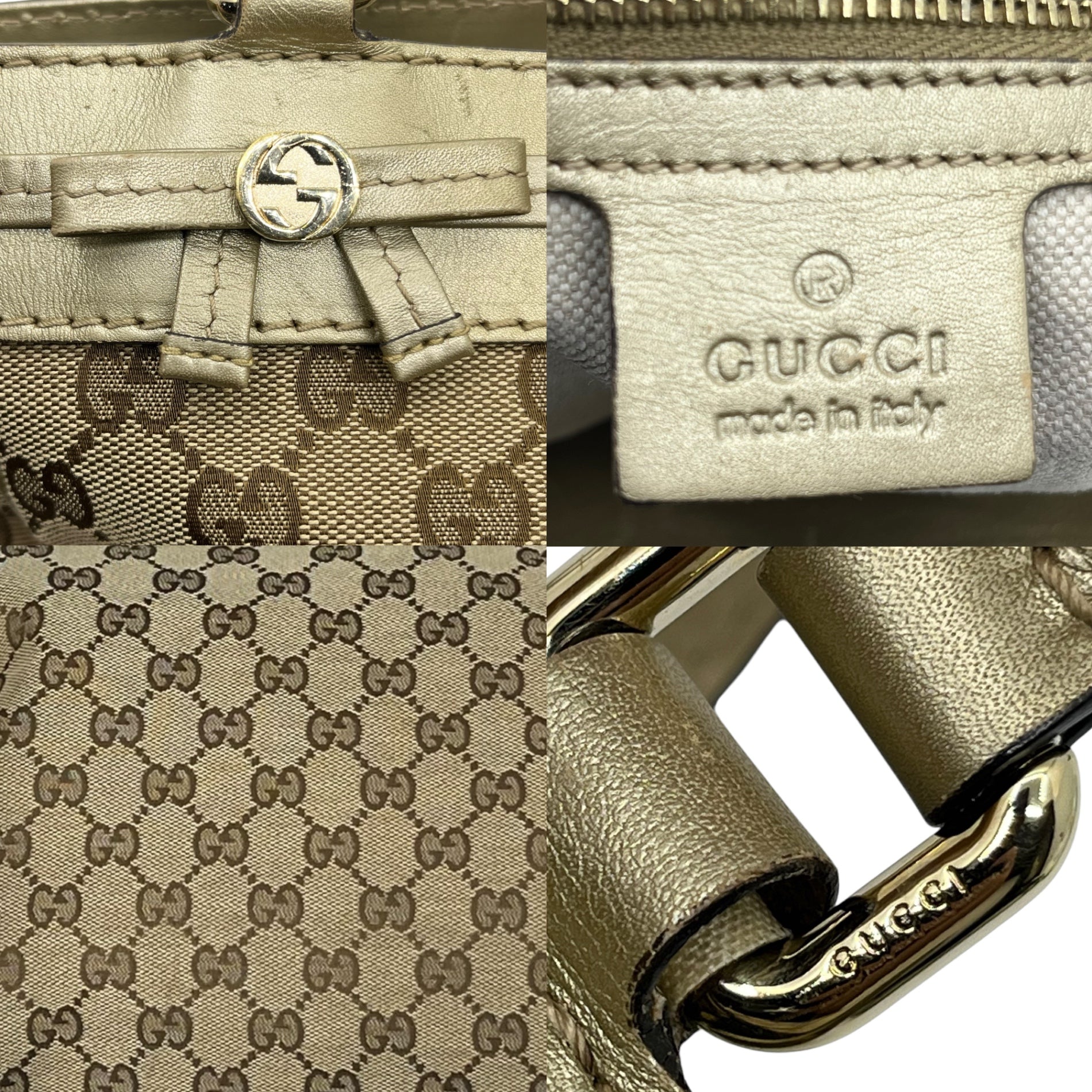 GUCCI(グッチ) GG canvas leather handbag GG キャンバス レザー ハンドバッグ 257061 486628 ベージュ×ゴールド リボン ロゴ