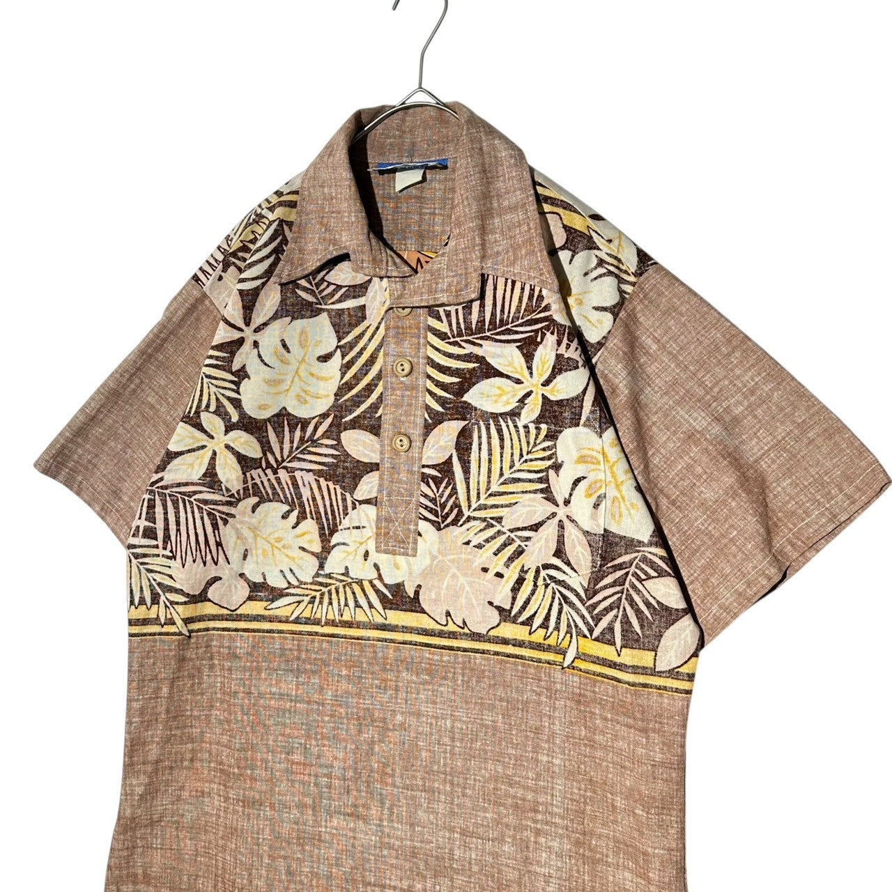 OCEAN PACIFIC(オーシャンパシフィック) 70's~80’s Open-collar half-button linen shirt オープンカラー ハーフ ボタン リネン アロハ シャツ M ブラウン 70年代~80年代 ヴィンテージ OP 古着