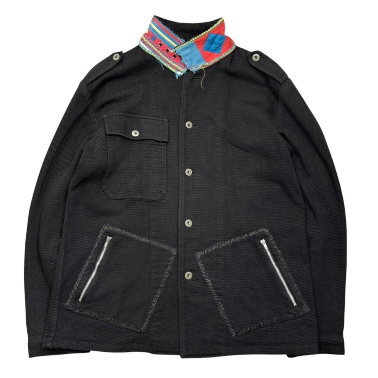 UNDERCOVERISM(アンダーカバイズム) 03SS SCAB Period Afghan Collar Panel Grunge Stitch Jacket SCAB期 襟アフガン切替 グランジ ステッチ ジャケット L ブラック×ブルー 稀少アイテム