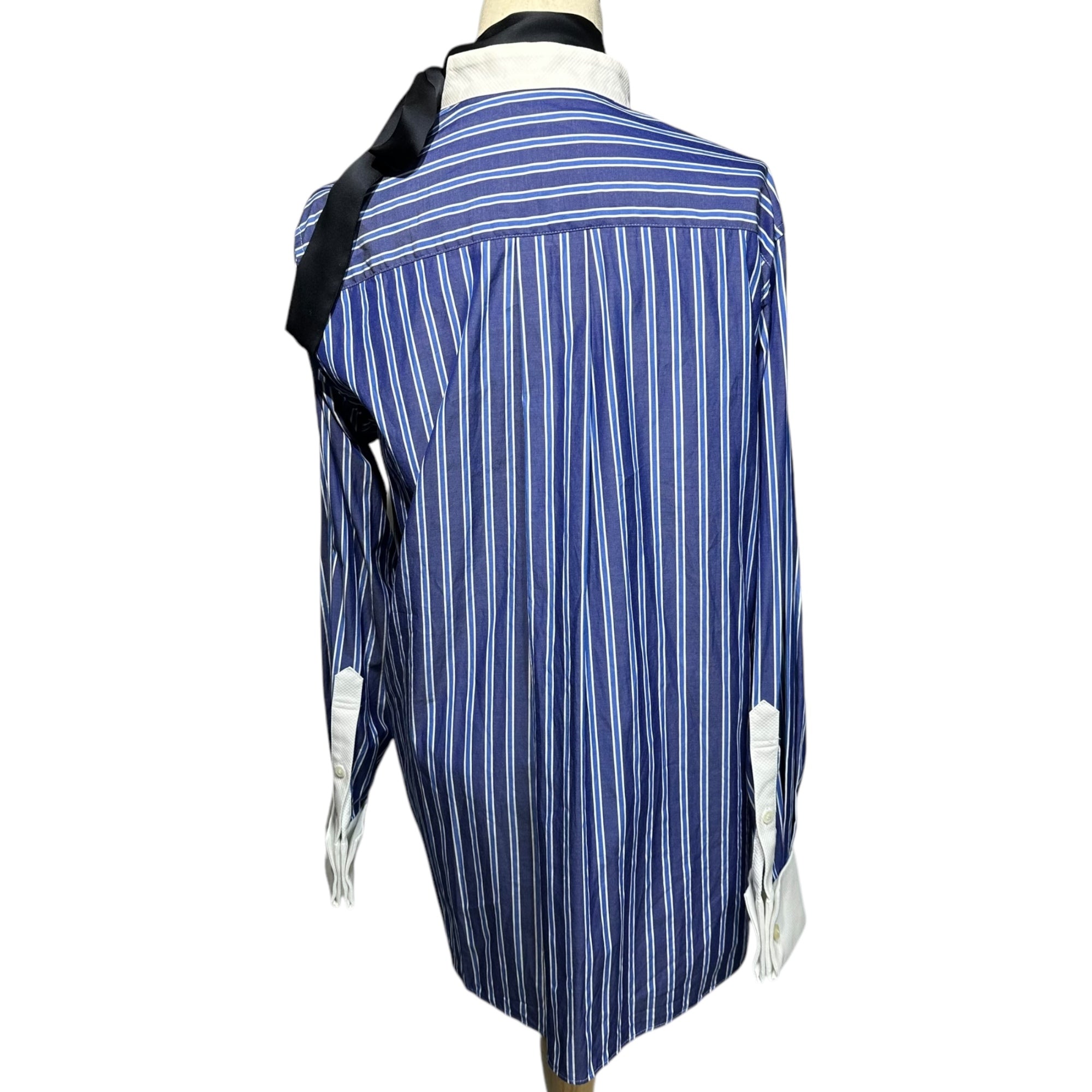 sacai(サカイ) 21SS Cotton Poplin Shirt コットン ポプリン シャツ 21-05611 2 ブルー×ネイビー シアー プリーツ ストライプ ブラウス