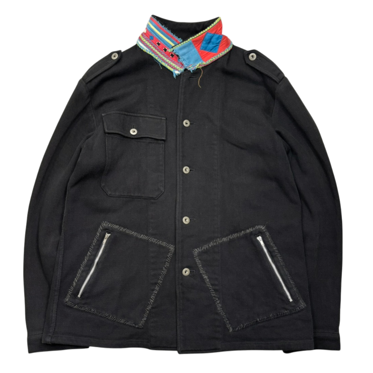 UNDERCOVERISM(アンダーカバイズム) 03SS SCAB Period Afghan Collar Panel Grunge Stitch Jacket SCAB期 襟アフガン切替 グランジ ステッチ ジャケット L ブラック×ブルー 稀少アイテム