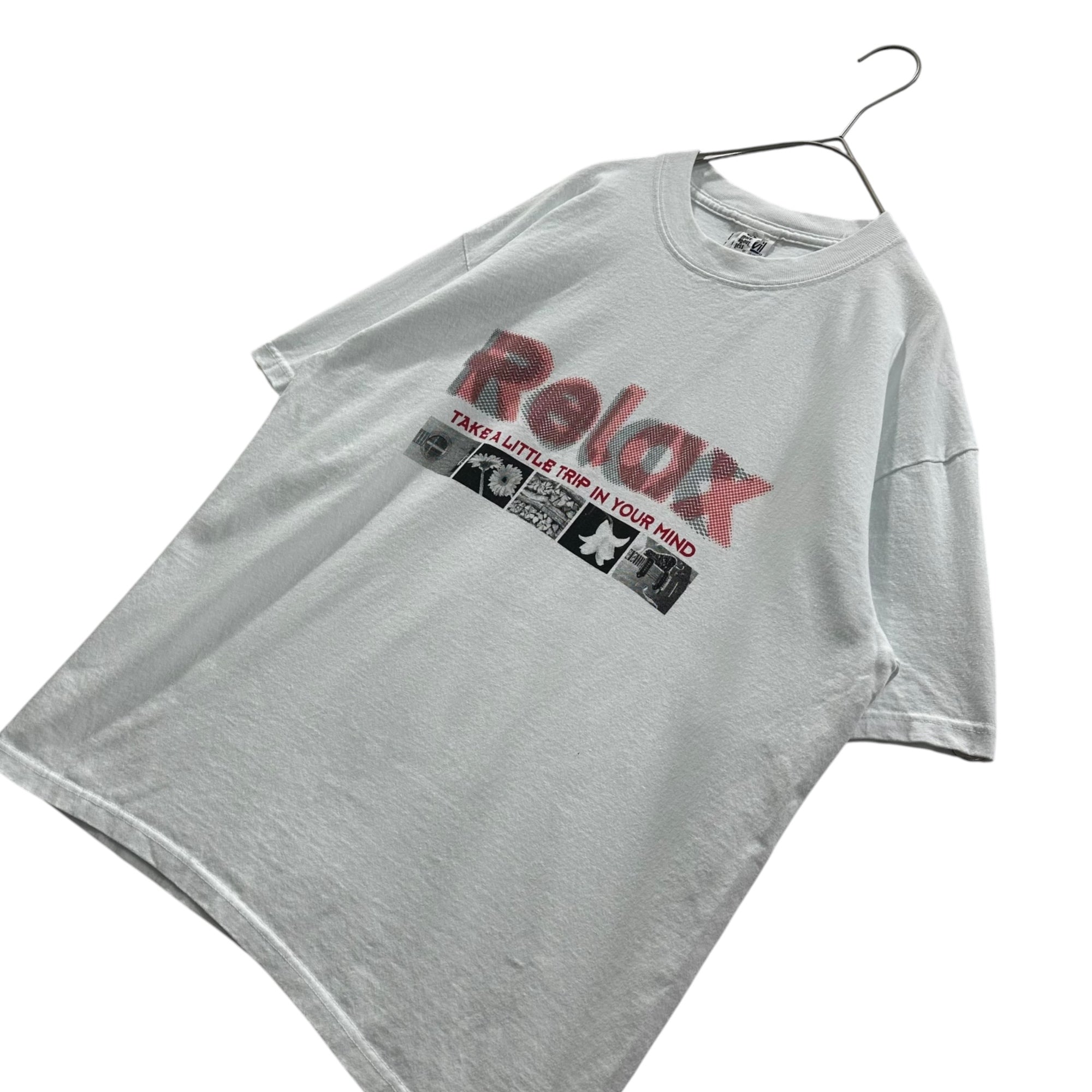 MORE ABOUT LESS(モアアバウトレス) 2000’s Relax Graphic print s/s T-shirt グラフィック プリント 半袖 Tシャツ L ホワイト×レッド×ブラック 雑誌(Relax)展示会限定Tシャツ