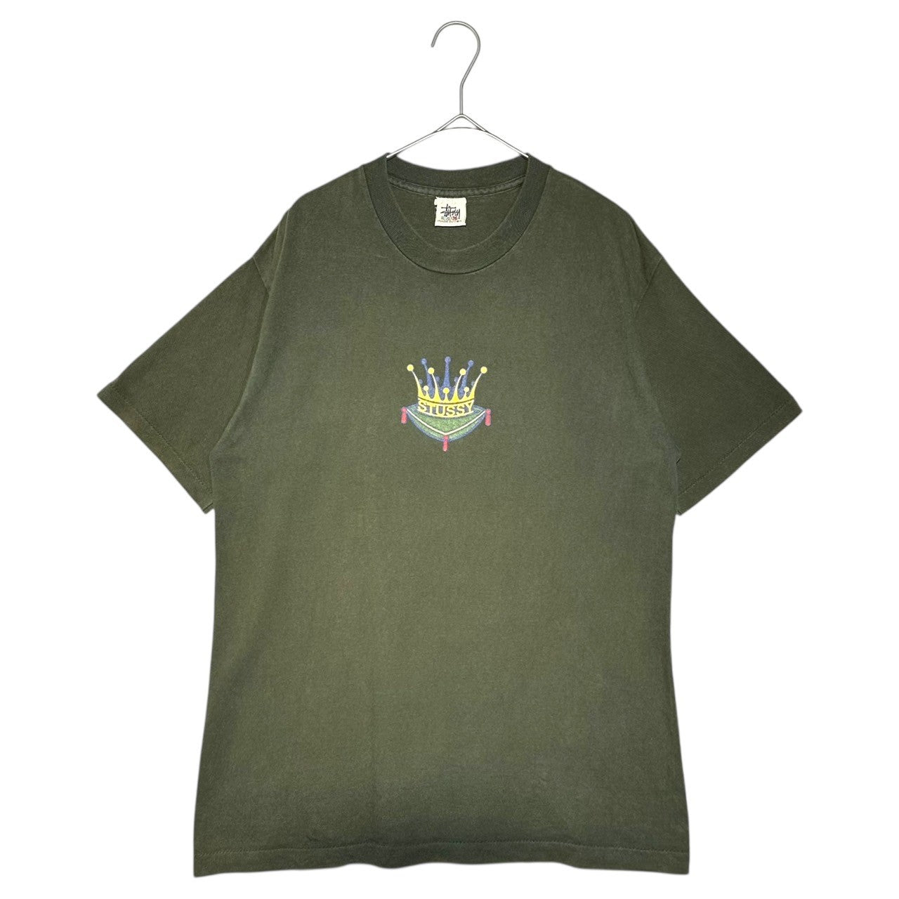 STUSSY(ステューシー) 90's White Tag Crown Logo Crew Neck T-Shirt 90年代 白タグ クラウン ロゴ クルーネック Tシャツ M カーキ
