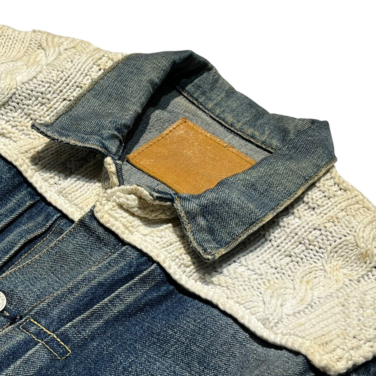 FRAGMENT DESIGN × LEVI'S FENOM(フラグメントデザイン×リーバイスフェノム) 00's Knit switching 1st model trucker denim jacket ニット切替 ファーストモデル トラッカー デニムジャケット 3016-2 FM13-0001 M インディゴ×オフホワイト 藤原ヒロシ モンクレールコラボ元ネタ ヴィンテージ加工(汚れは加工です)