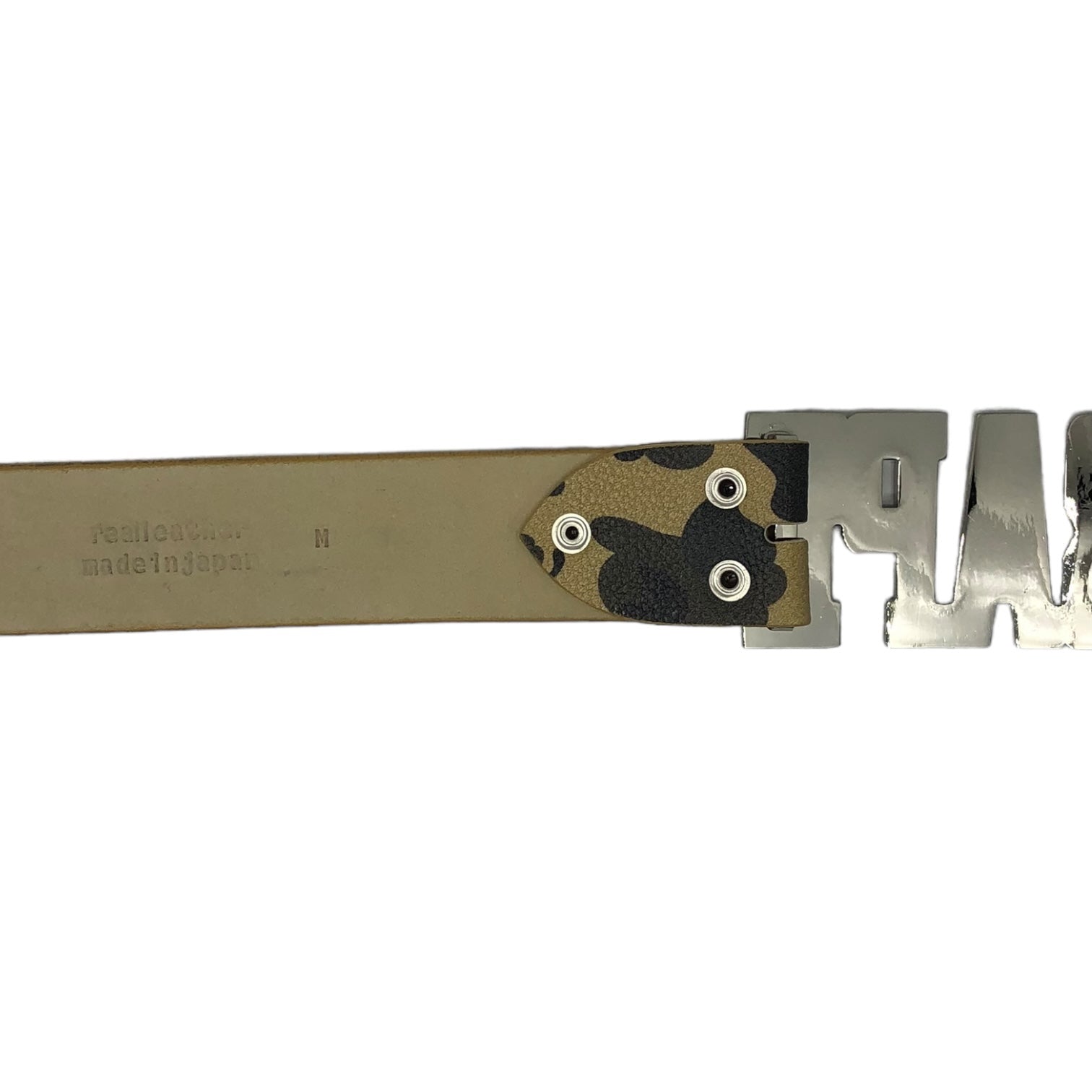 A BATHING APE(アベイシングエイプ) 00's "BAPE" buckle fast camo leather belt ロゴ バックル ファースト カモ レザー ベルト M カーキ カモフラ 日本製 Y2K