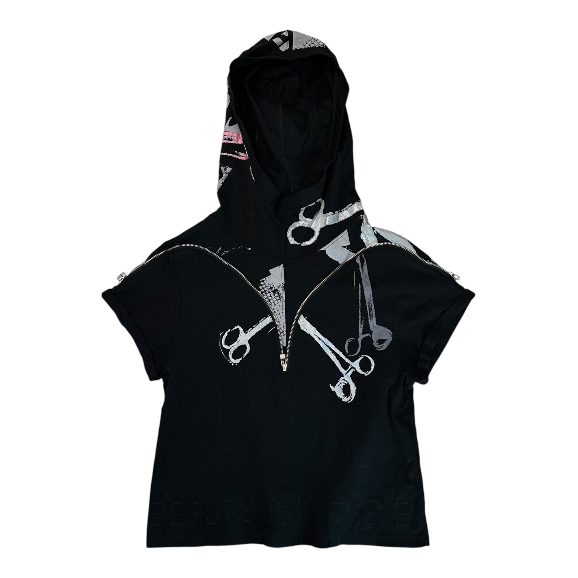 MARITHE FRANCOIS GIRBAUD(マリテフランソワジルボー) 00's Zip Design Graphic Print Hooded T-Shirt ジップ デザイン グラフィック プリント フーデッド Tシャツ F5-6834 M ブラック Y2K