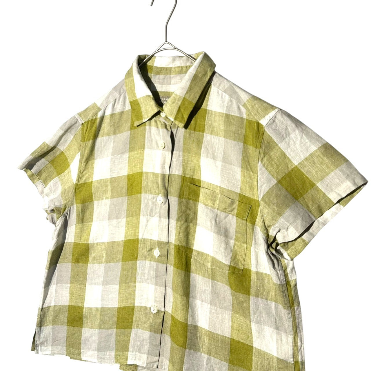 MARGARET HOWELL(マーガレットハウエル) Linen Block Check Short-Sleeved Shirt リネン ブロック チェック 半袖 シャツ 578-9152014 1(S程度) イエローグリーン(黄緑系のくすんだカラー)