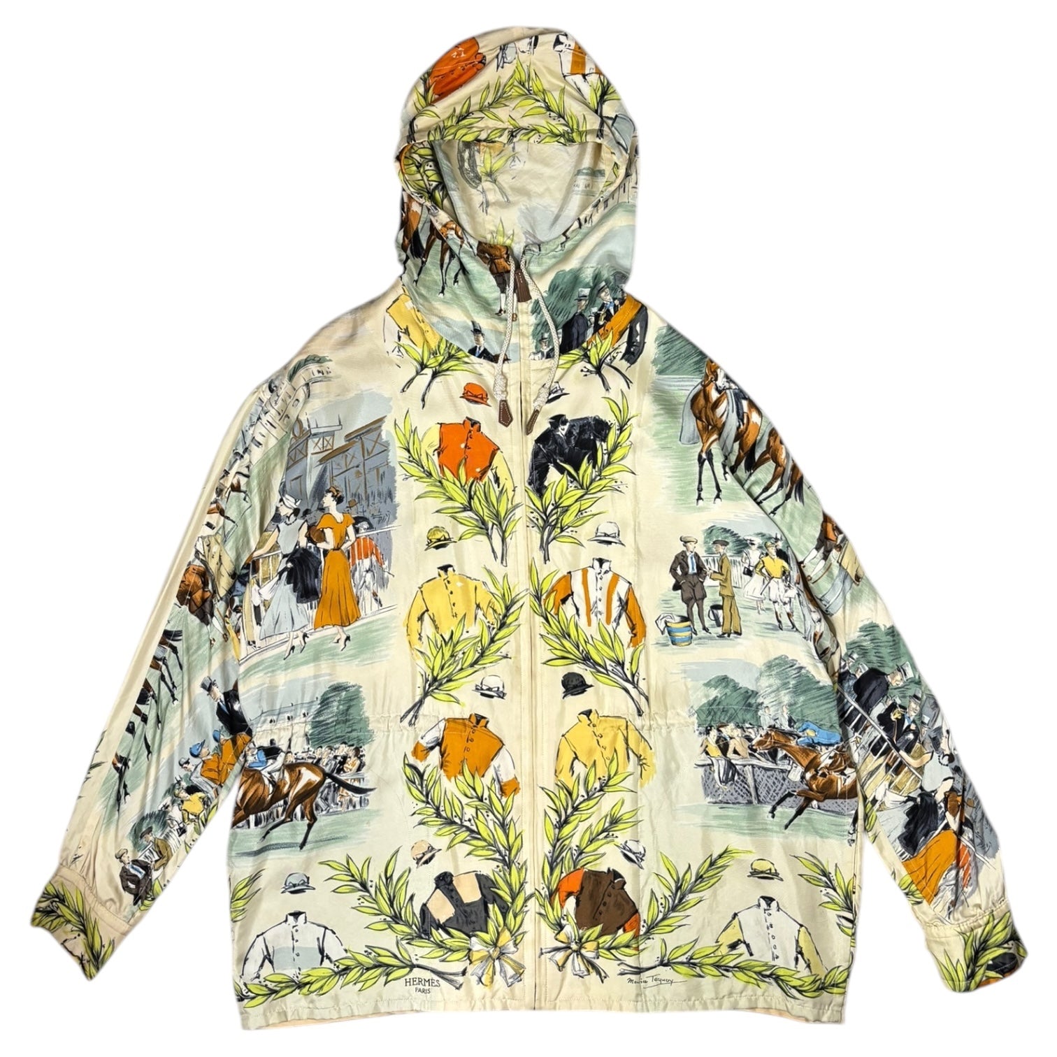 HERMES(エルメス) 90's ”maurice taquoy” Silk Scarf Hooded Jacket 競走馬 シルク スカーフ フーデッド ジャケット 40(L程度) アイボリー×オレンジ 90年代 ヴィンテージ エルメスジャポンタグ メンズ着用可能サイズ アーカイブ