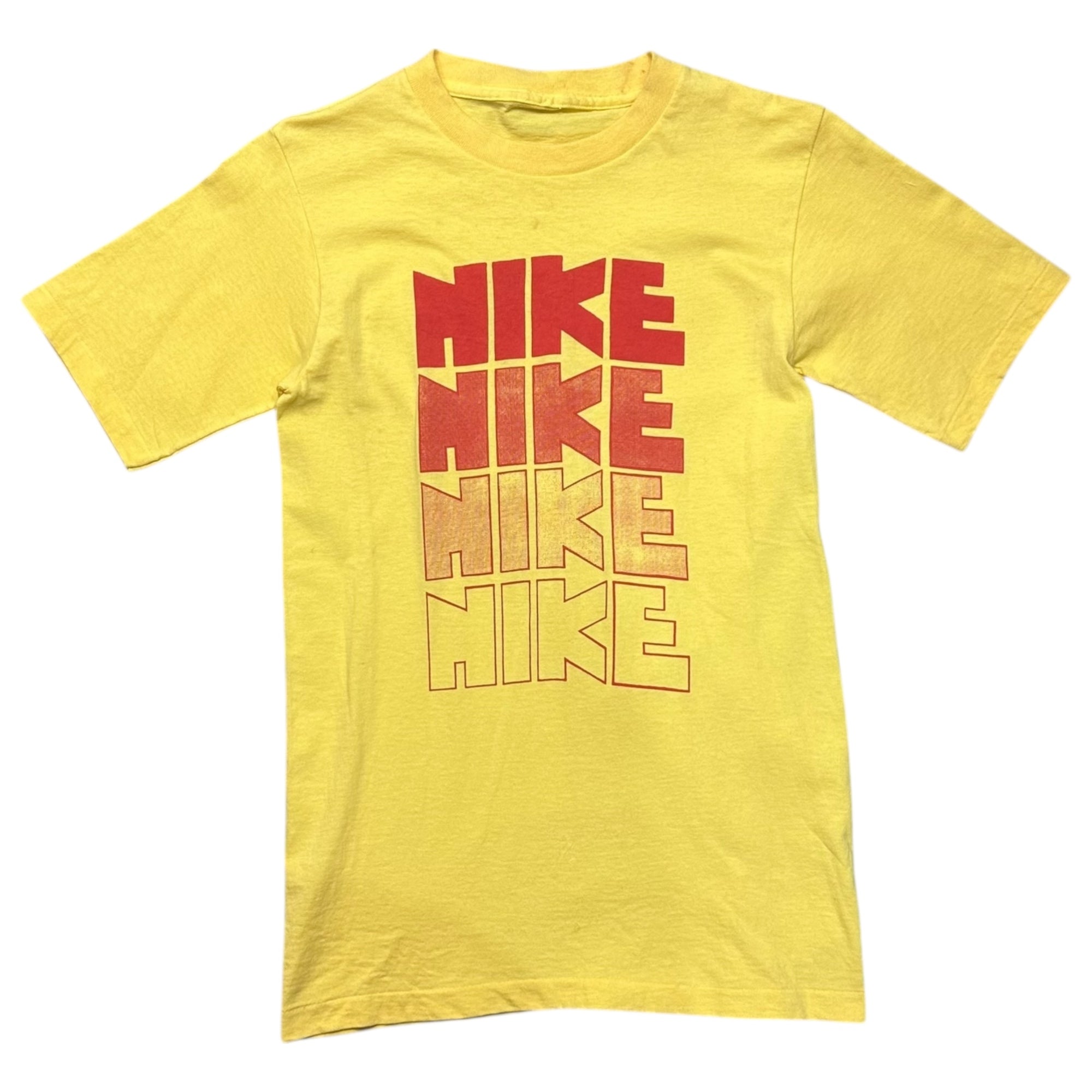 NIKE(ナイキ) 80's 4-tier logo print T-shirt ゴツ ナイキ 4段 プリント Tシャツ 表記無し(M程度) イエロー×レッド 80年代 オリジナル ヴィンテージ