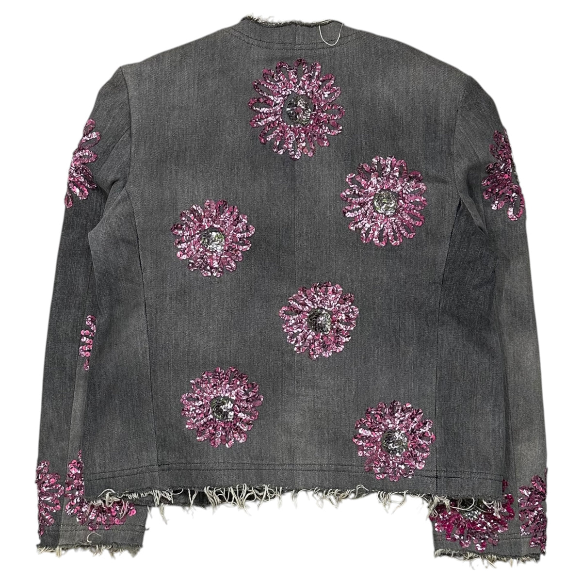 tricot COMME des GARCONS(トリココムデギャルソン) 2001AW Floral sequin collarless denim jacket フラワー スパンコール デニム ノーカラー ジャケット TC-J003 S グレー×ピンク AD2001 00's