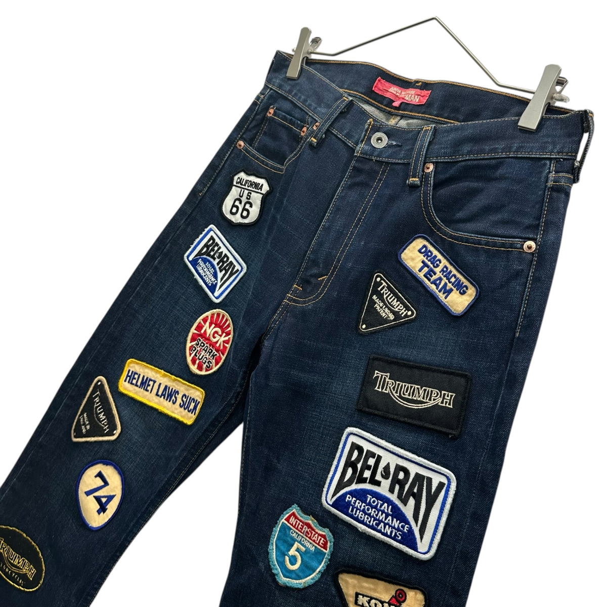 COMME des GARCONS JUNYA WATANABE MAN PINK(コムデギャルソンジュンヤワタナベマンピンク) 2003SS Patch Decorations Denim Pants ワッペン 装飾 デニム パンツ UI-P006 S インディゴ×マルチカラー AD2002