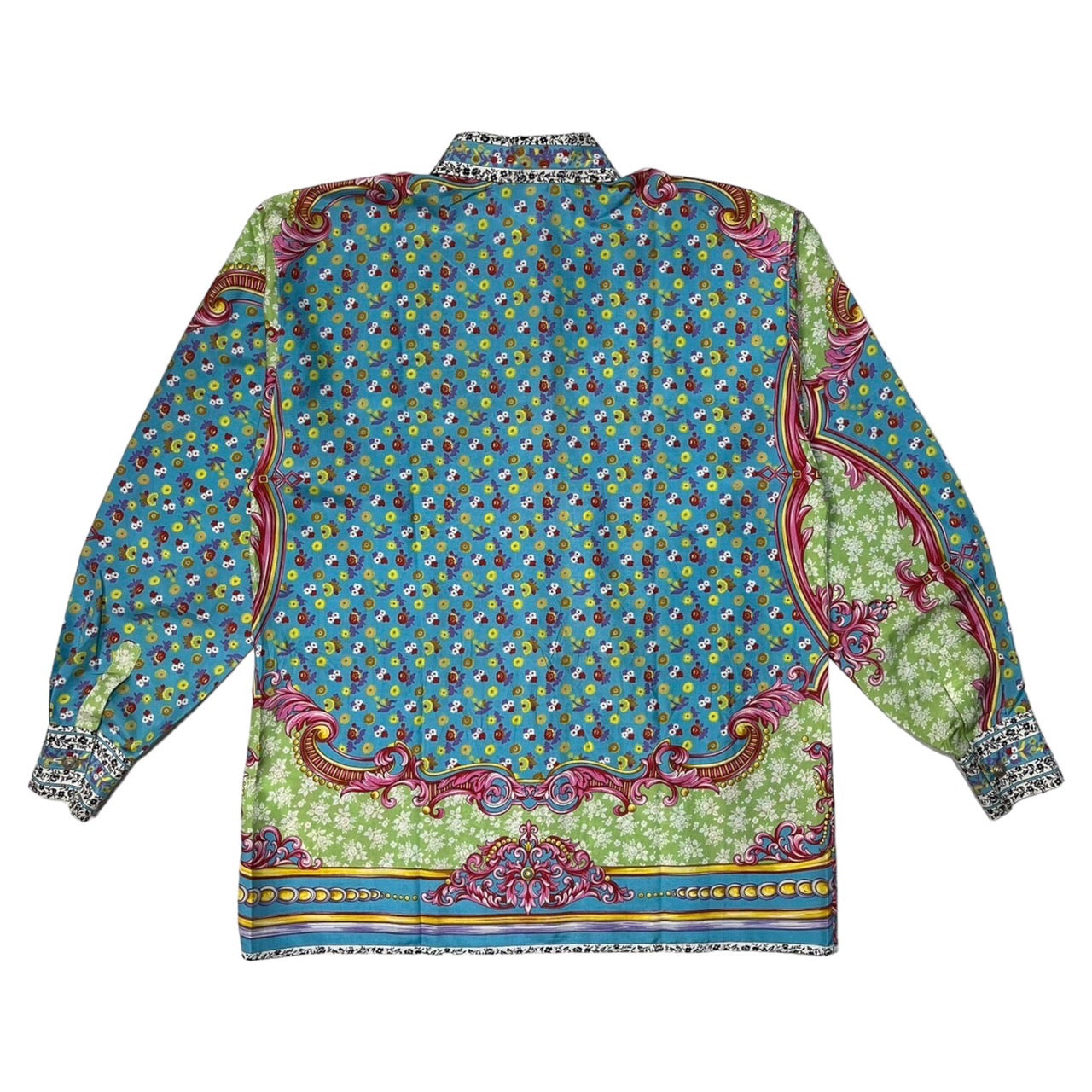 VERSUS VERSACE(ヴェルサスヴェルサーチ) 90~00's allover scarf shirt/総柄スカーフシャツ/デザインボタン/ヴィンテージ SIZE 40/26(Lサイズ程度) ブルー×ピンク シルク100%/フラワーストライプ