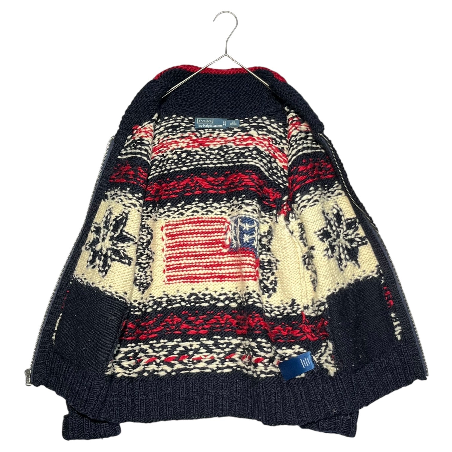POLO RALPH LAUREN(ポロラルフローレン) Stars and Stripes Logo Low Gauge Zip Up Knit Cardigan 星条旗 ロゴ ローゲージ ジップアップ ニット カーディガン 0187212SPL XS(165/88A) ネイビー×ホワイト×レッド ノルディック柄 ウルグアイ製 カウチン