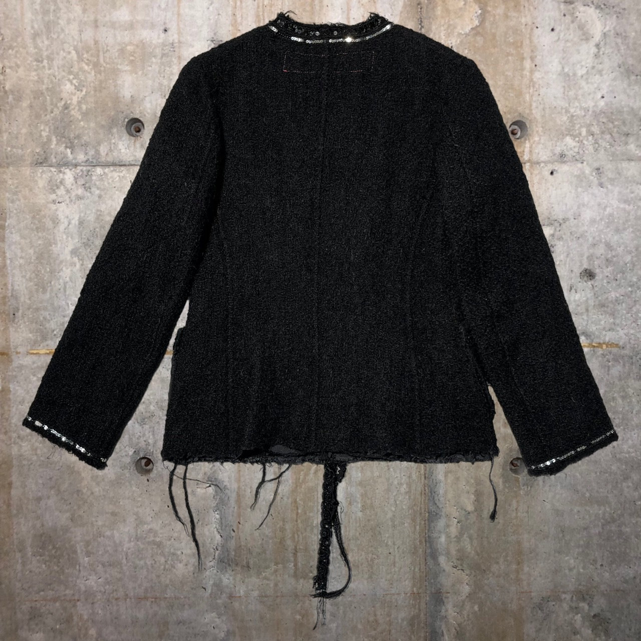 COMME des GARCONS JUNYA WATANABE MAN PINK(コムデギャルソンジュンヤワタナベマンピンク) 05AW sequin tweed jacket/スパンコールテープツイードジャケット/ノーカラーウールジャケット UP-J025 S ブラック AD2005