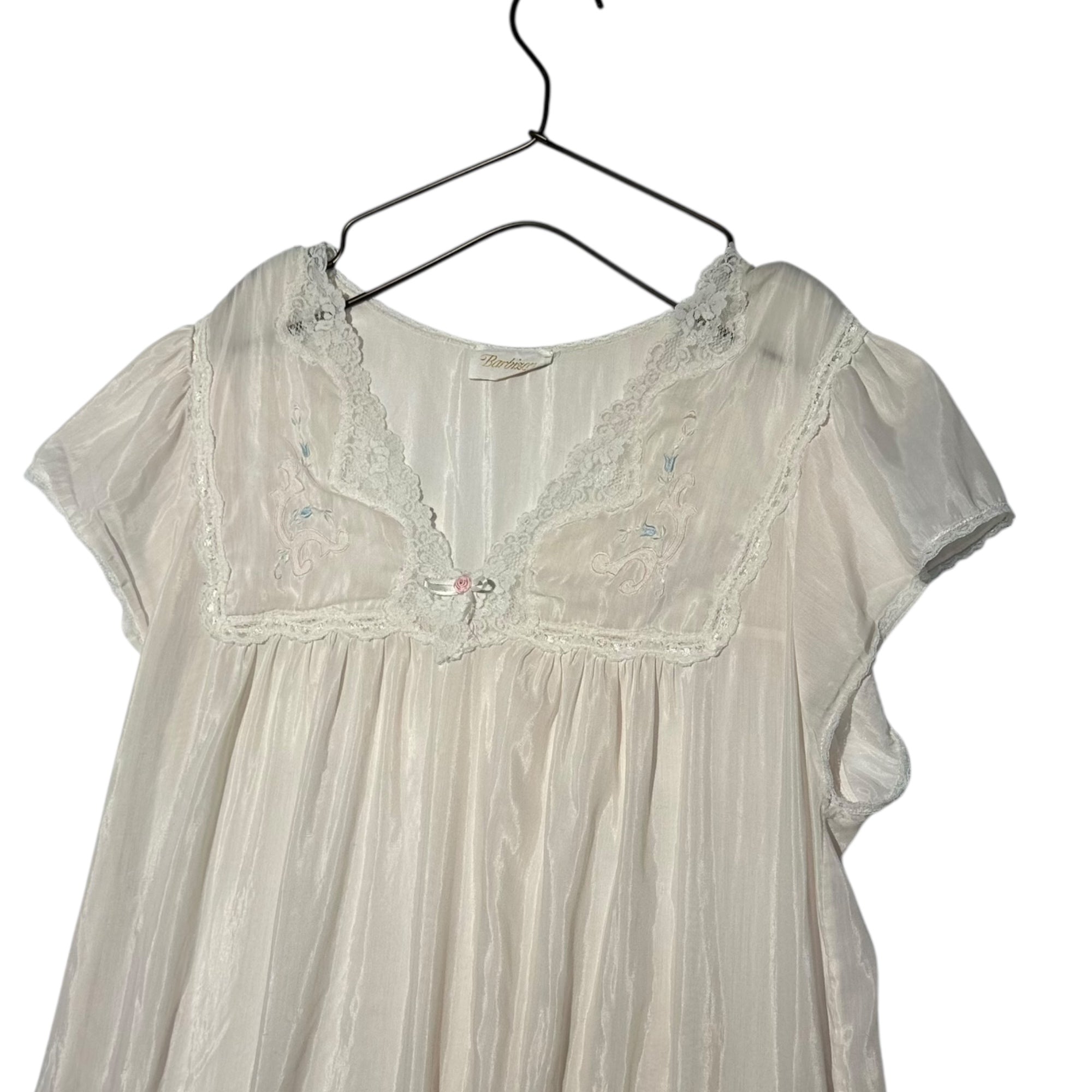 VINTAGE(ヴィンテージ) 70's nighty negligee onepiece dress with lace and embroidery 刺繍とレースの半袖ナイティドレス M~L程度 ピンク