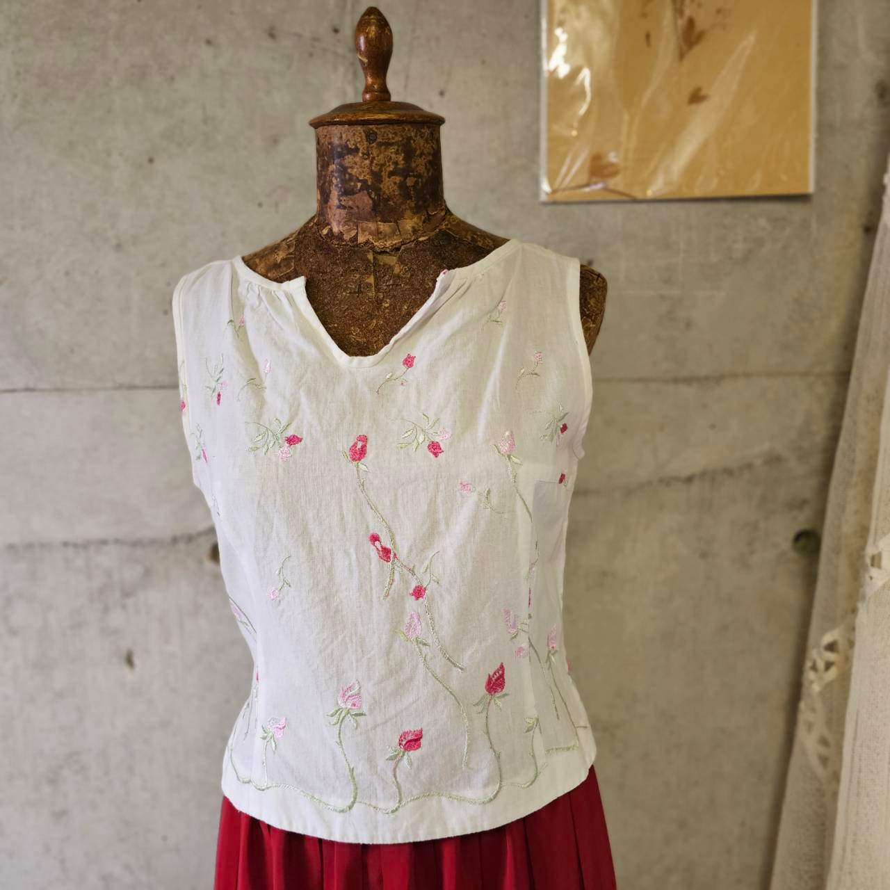 vintage(ヴィンテージ) 60's~ botanical stich vest ボタニカル刺繍ベスト 9(S~Mサイズ程度) ホワイト(刺繍:グリーン×ピンク)