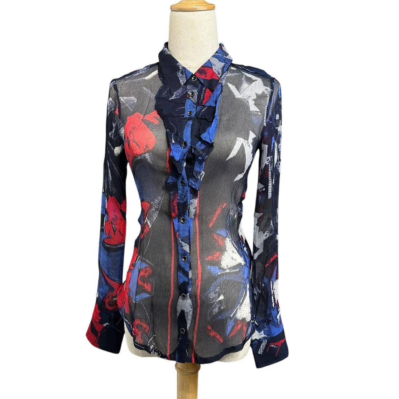 MARITHE FRANCOIS GIRBAUD(マリテフランソワジルボー) 00s all-over silk blouse shirt 総柄 シルク ブラウス シャツ F7-5409 S ネイビー×レッド