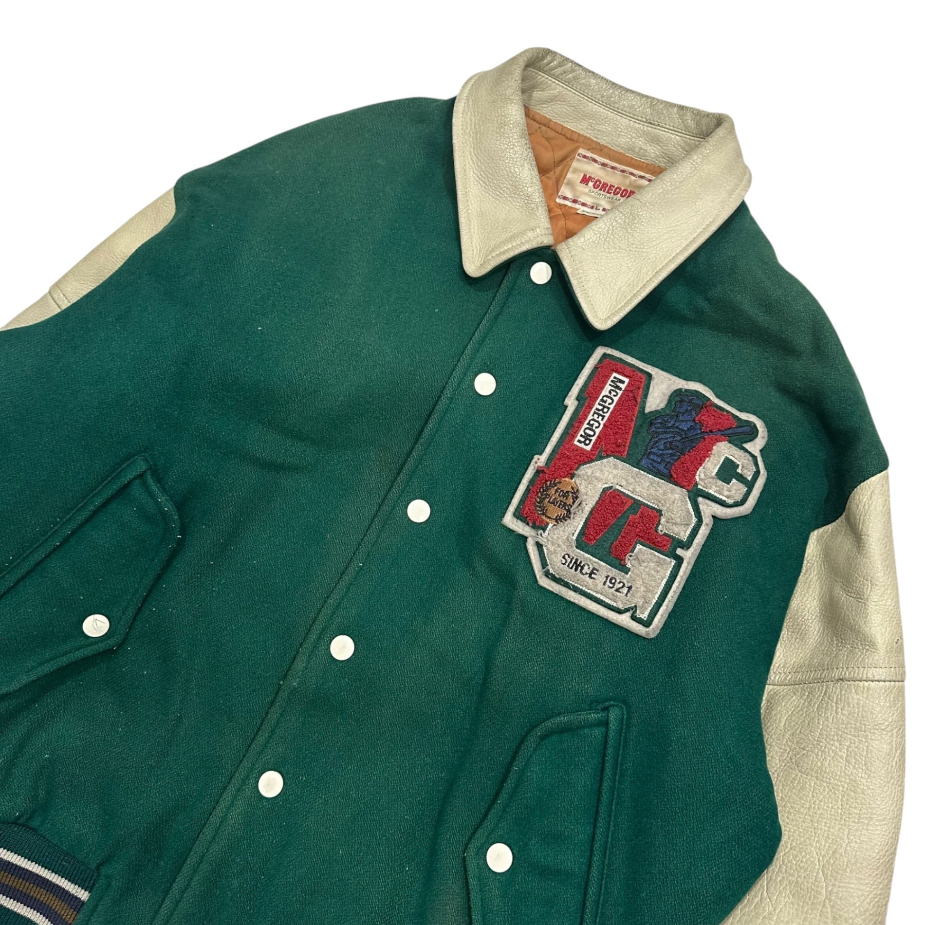 McGREGOR (マックレガー) 70's~80's Sleeve Leather Varsity Jacket 袖 レザー バーシティー ジャケット MM13-1615 M グリーン×アイボリー 70年代~80年代 スタジャン