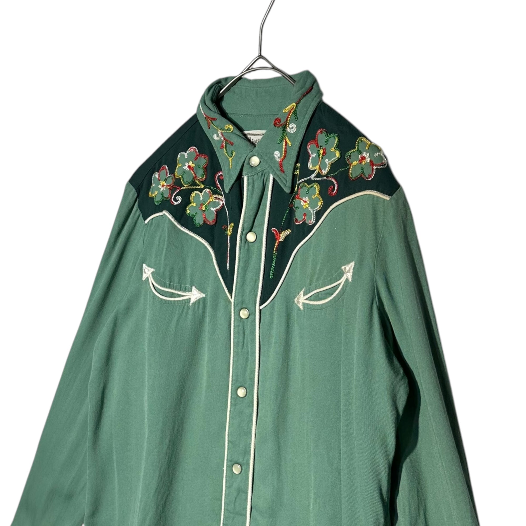 H BAR C(エイチバーシー) 50's~60's Flower Embroidery Western Shirt フラワー 刺繍 長袖 ウエスタン シャツ 16 ライトグリーン 50年代~60年代 ヴィンテージ 古着