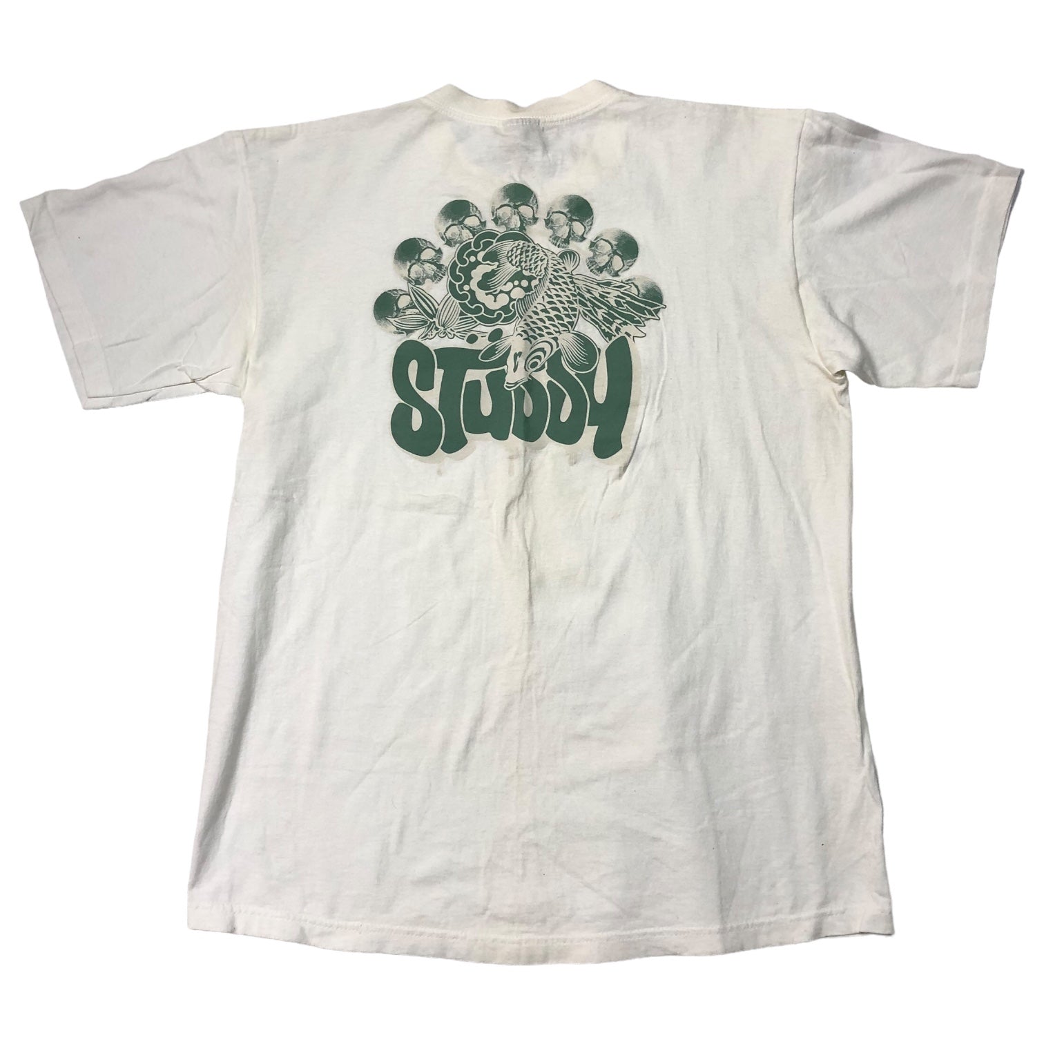 STUSSY(ステューシー) 90’s~00's carp and skull バックプリント 鯉 スカル Tシャツ SIZE L ホワイト×グリーン 90~00年代 OLD STUSSY