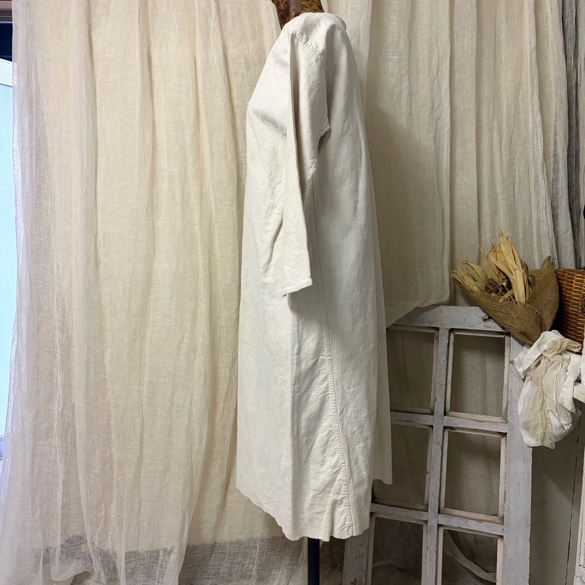 Euro antique(ヨーロッパアンティーク) 20's~ 「M C」 name stich frenchcotton onepiece ネーム刺繍入りフレンチリネンワンピース 表記無し(Lサイズ程度) ベージュ