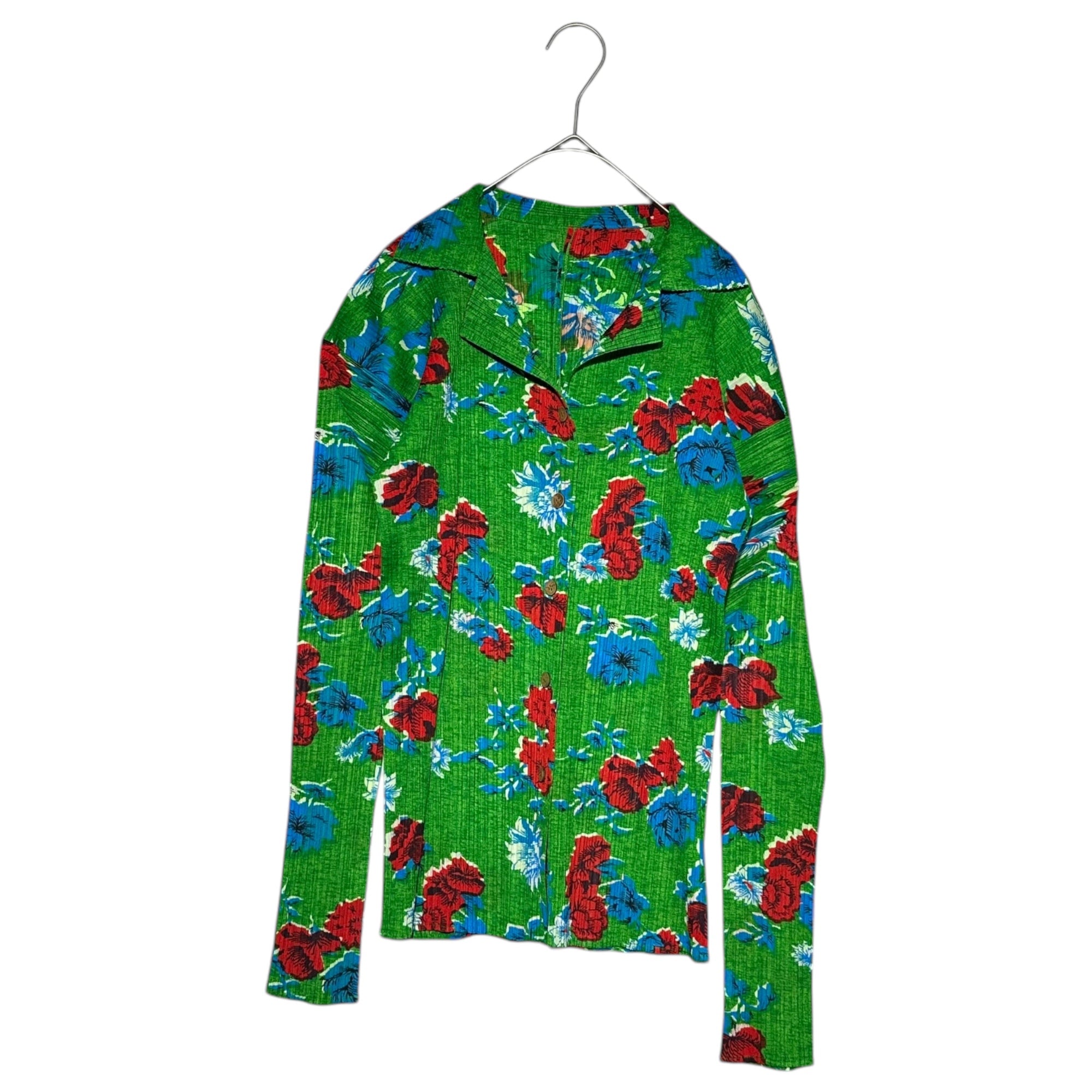 PLEATS PLEASE(プリーツプリーズ) Floral Pleated Long Sleeve Shirt 花柄 プリーツ 長袖 シャツ ブラウス PP72-JK524 3(L程度) グリーン×レッド ヴィンテージ 稀少品