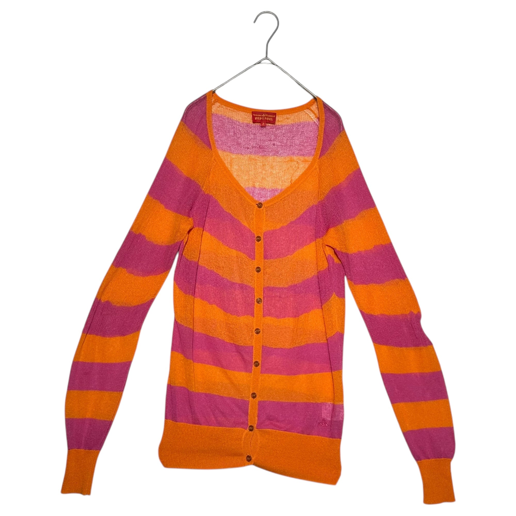 Vivienne Westwood RED LABEL(ヴィヴィアンウエストウッドレッドレーベル) 00's Orb Logo Embroidered Striped Knit Cardigan オーブロゴ 刺繍 ボーダー ニット カーディガン 357-01-14062 2 ピンク×オレンジ Y2K 薄手 メッシュ